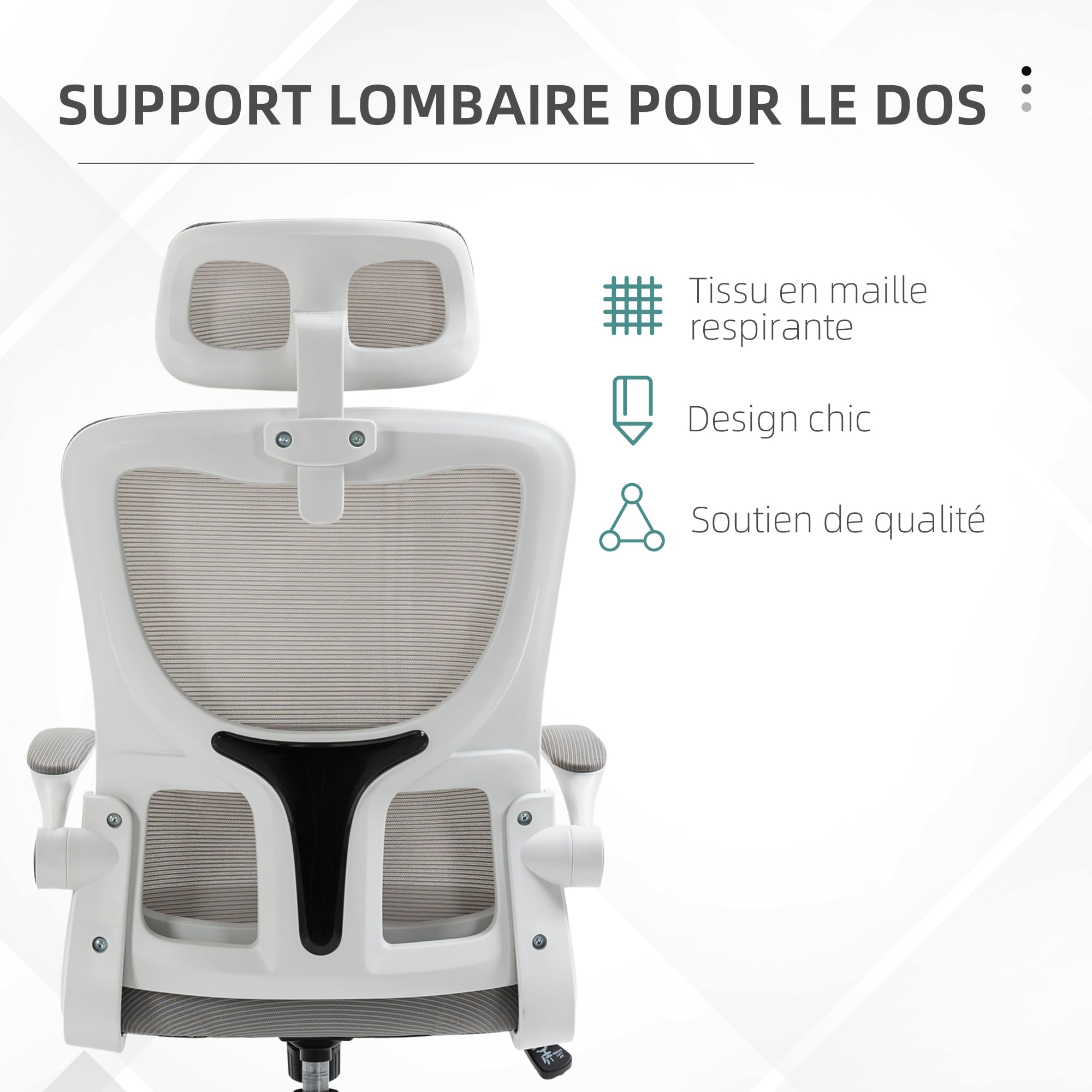 Vinsetto Fauteuil de Bureau Maille Respirant Accoudoirs Relevables Gris | Chaise Ergonomique, Pivotant, Appui-Tête Réglable, Support Lombaire, Hauteur d'Assise Réglable, Fonction de Bascule