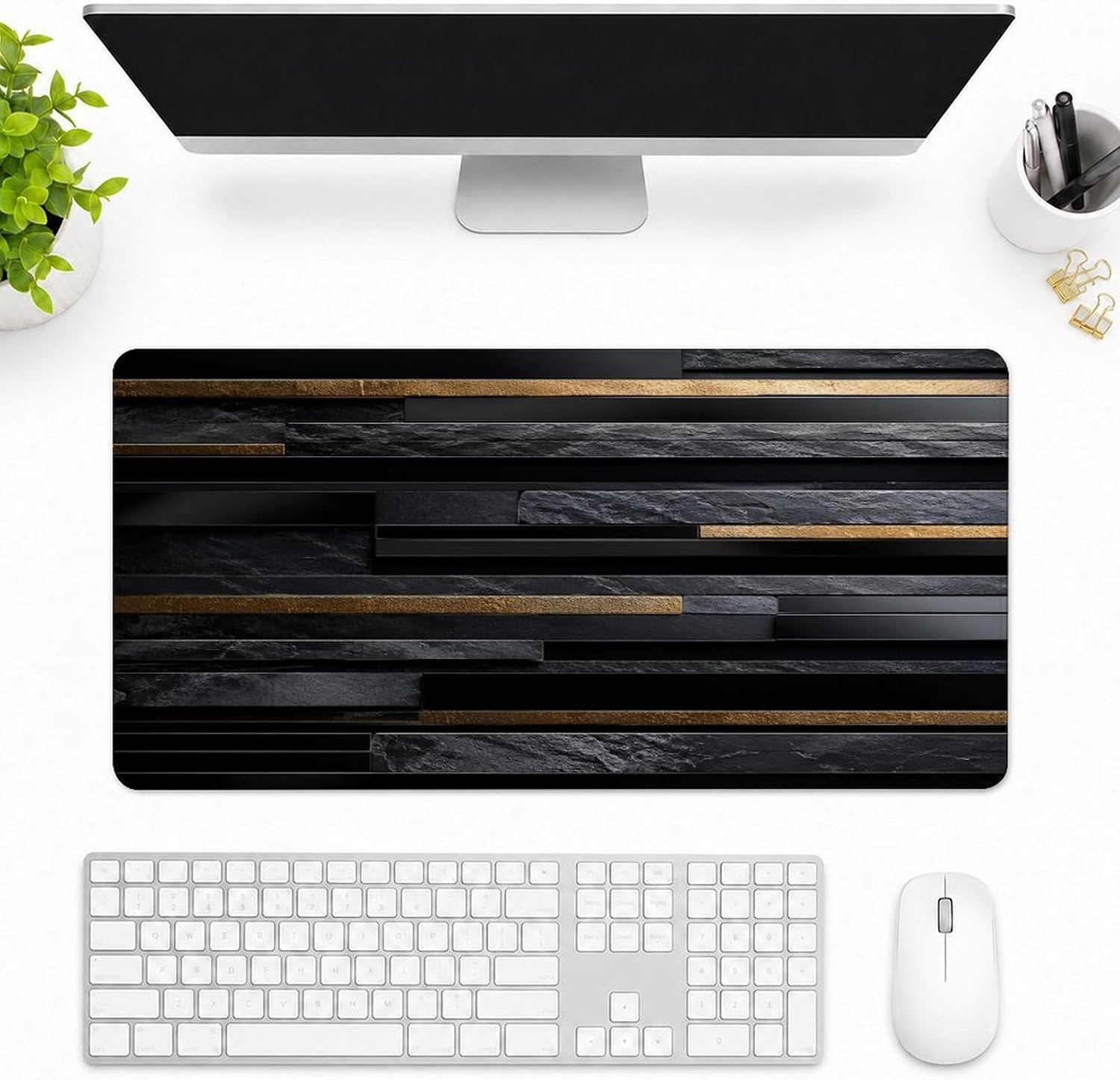 Black Gold Striped Abstract Extended Desk Mat with Stitched Edges 24"x12", Large Non Slip Rubber Mouse Pad for Gaming Office Home Keyboard