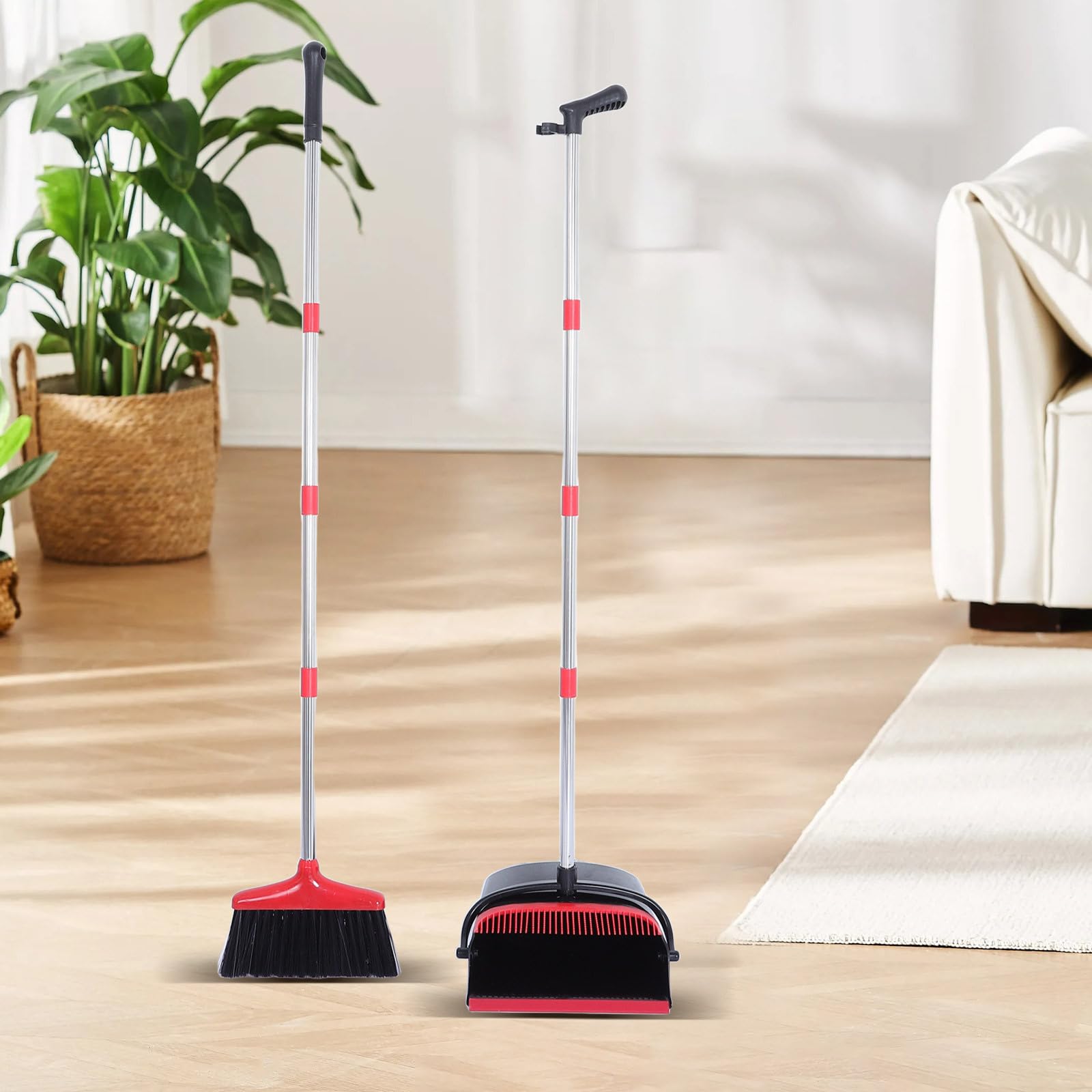 WOONEKY Escoba Plegable y Recogedor con Dientes Auto-Limpieza para Suelos de Madera y Aceite, con Mango Largo y Diseño Portátil para Cocinas y Habitaciones Pequeñas