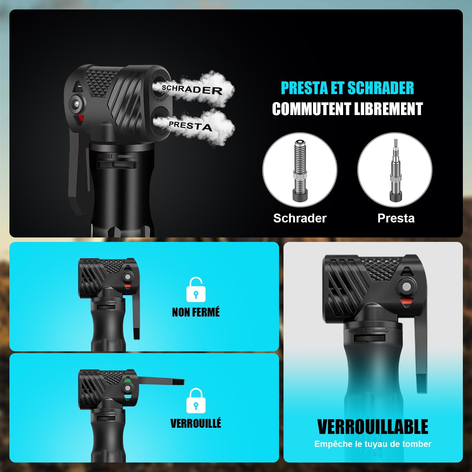 Pompe a Velo Avec Manometre, Mini Pompe à Main 100Psi, Portable Gonfleur Velo Double Soupape