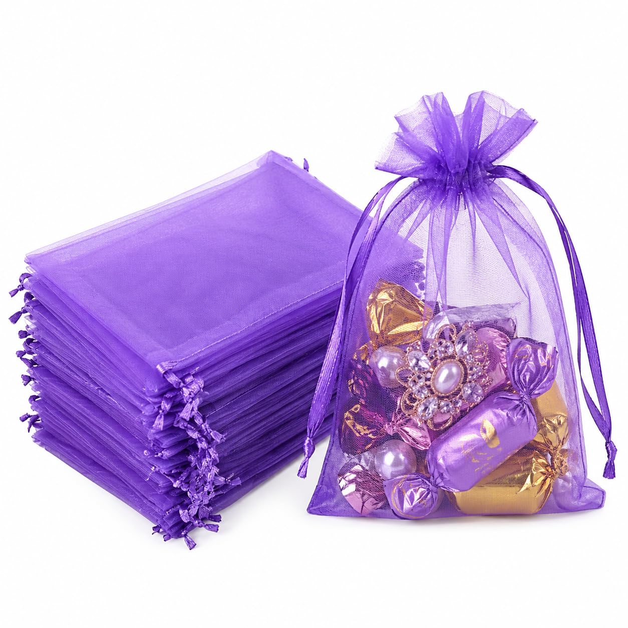 Hopttreely Purple Organza Bags 4x6 in, 50PCS Drawstring Organza Bags, Sheer Mesh Jewelry Pouches, Lavender Wedding Party Festival Gift Bag Candy Pouches for Mother's Day, Party Favors