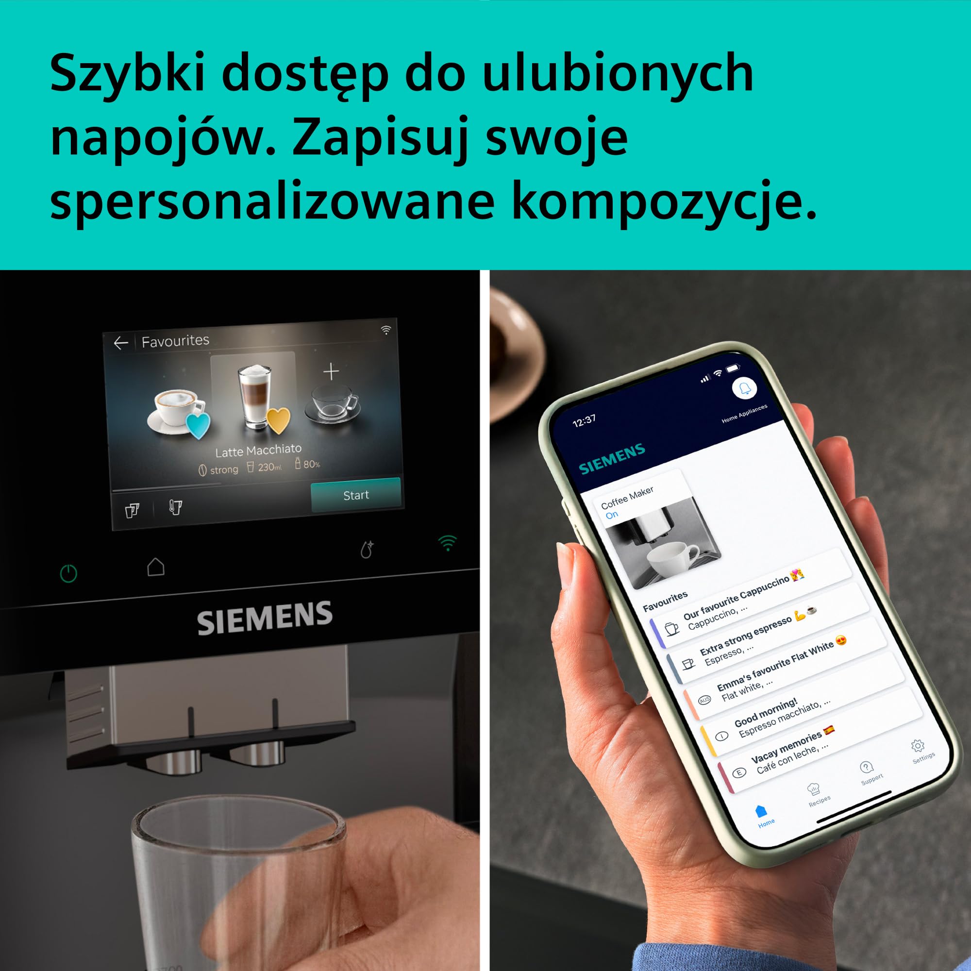 Siemens, automatyczny ekspres do kawy, EQ700 iAroma, wyświetlacz dotykowy, Cold Brew i Slow Brew, aplikacja Siemens Home Appliances, odcień morning haze, TP725E01