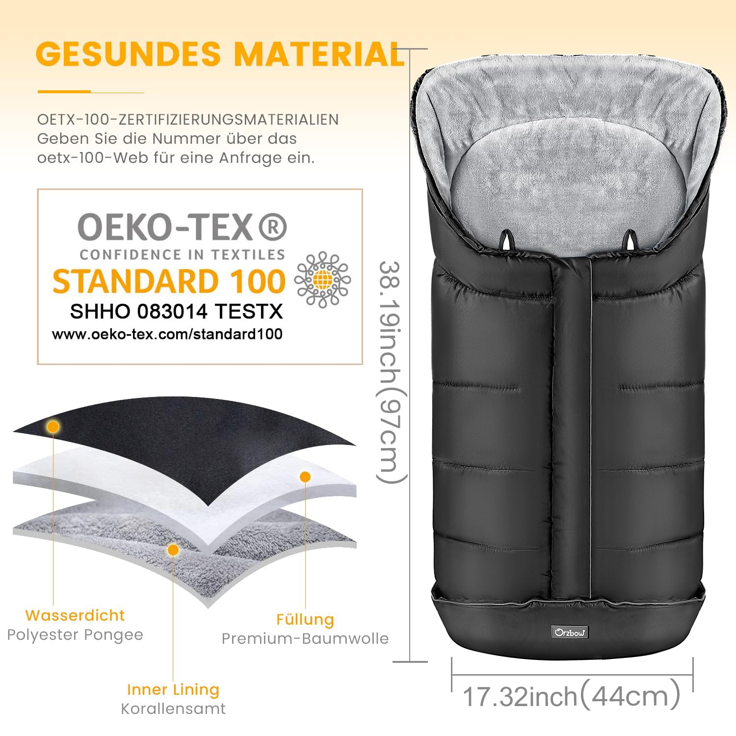 Orzbow Fußsack Kinderwagen Winter, Fusssack Baby mit Korallen-Fleece, Reißverschluss, Anti-Rutschschutz, Reflektorstreifen, Wasserdicht, Schwarz
