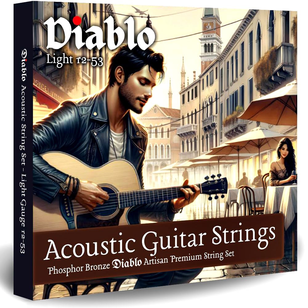 – Diablo Acoustic Guitar Strings 12-53 Light Gauge - Phosphor Bronze 6-String Pack for Acoustic and Semi-Acoustic Guitars