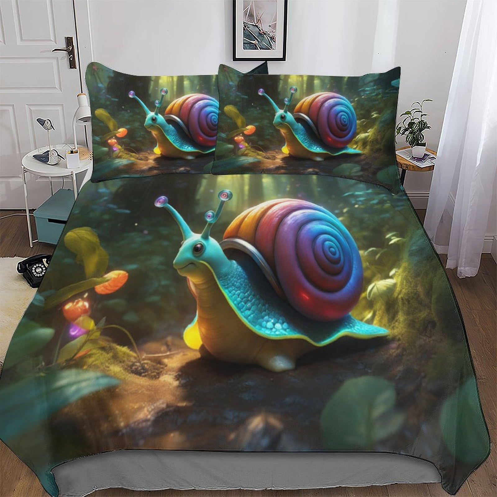 Cute Snail Bedding Set Duvet Cover Set 3D Comforter Cover 3 Pieces Bedspread Cover For Kids Teens Microfiber Easy Care And Super Soft Poly Cotton Quilt Cover Double (200x200cm) — image 1