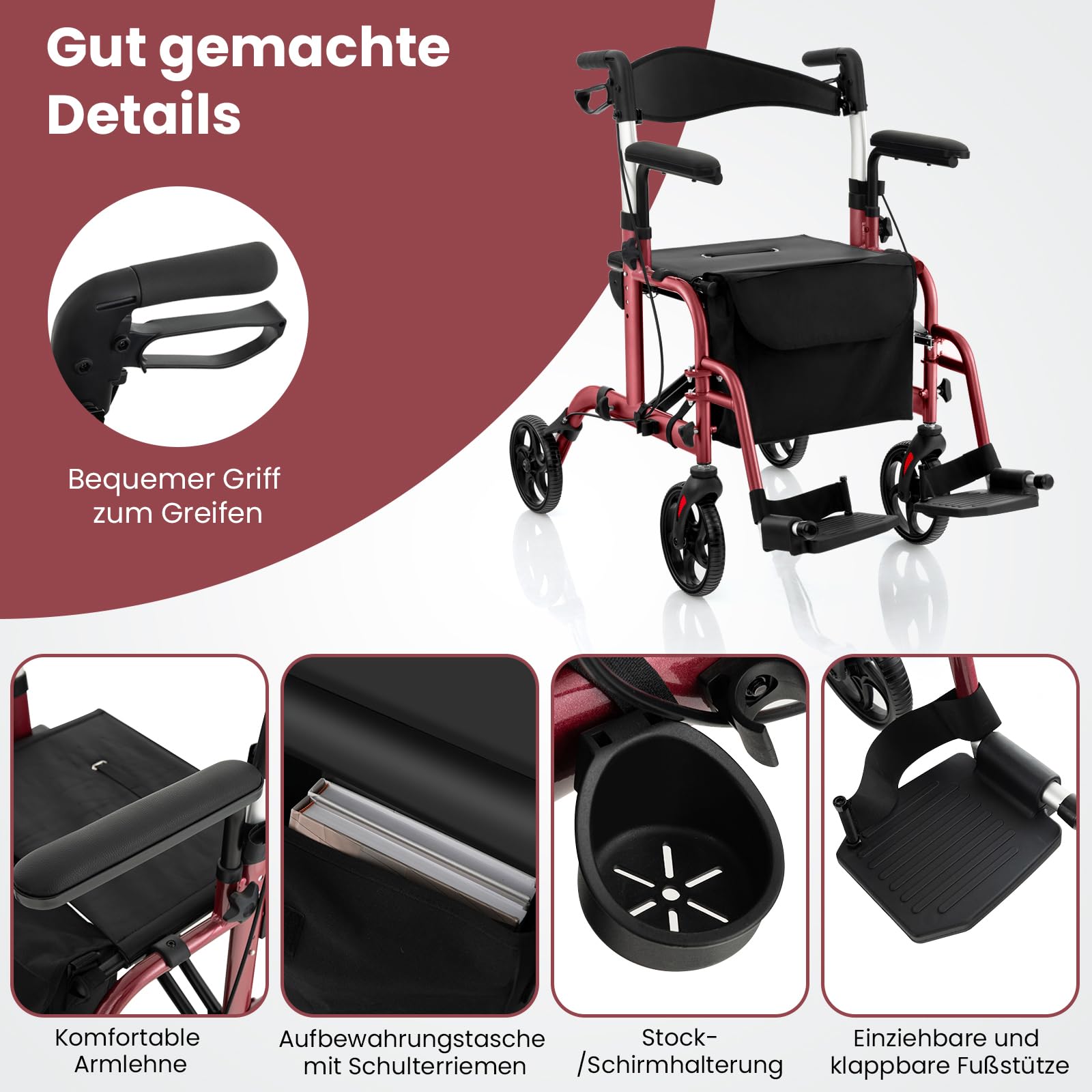 RELAX4LIFE Andador 2 en 1 plegable y ligero con asiento, 6 alturas ajustables para personas mayores, silla de ruedas de aluminio con reposapiés y bolsa, frenos dobles y soporte para bastones, hasta