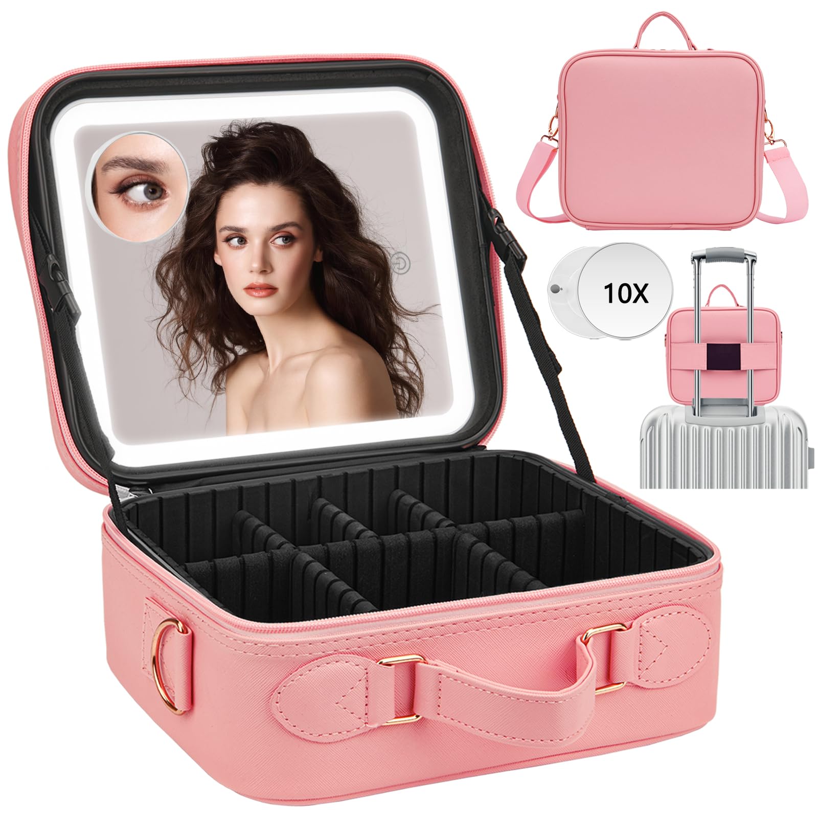 Travel Makeup Bag with Light Up Mirror,Makeup Travel Case with adjustable dividers,Waterproof Makeup Train Case,lighted Makeup Case with Detachable Mirror