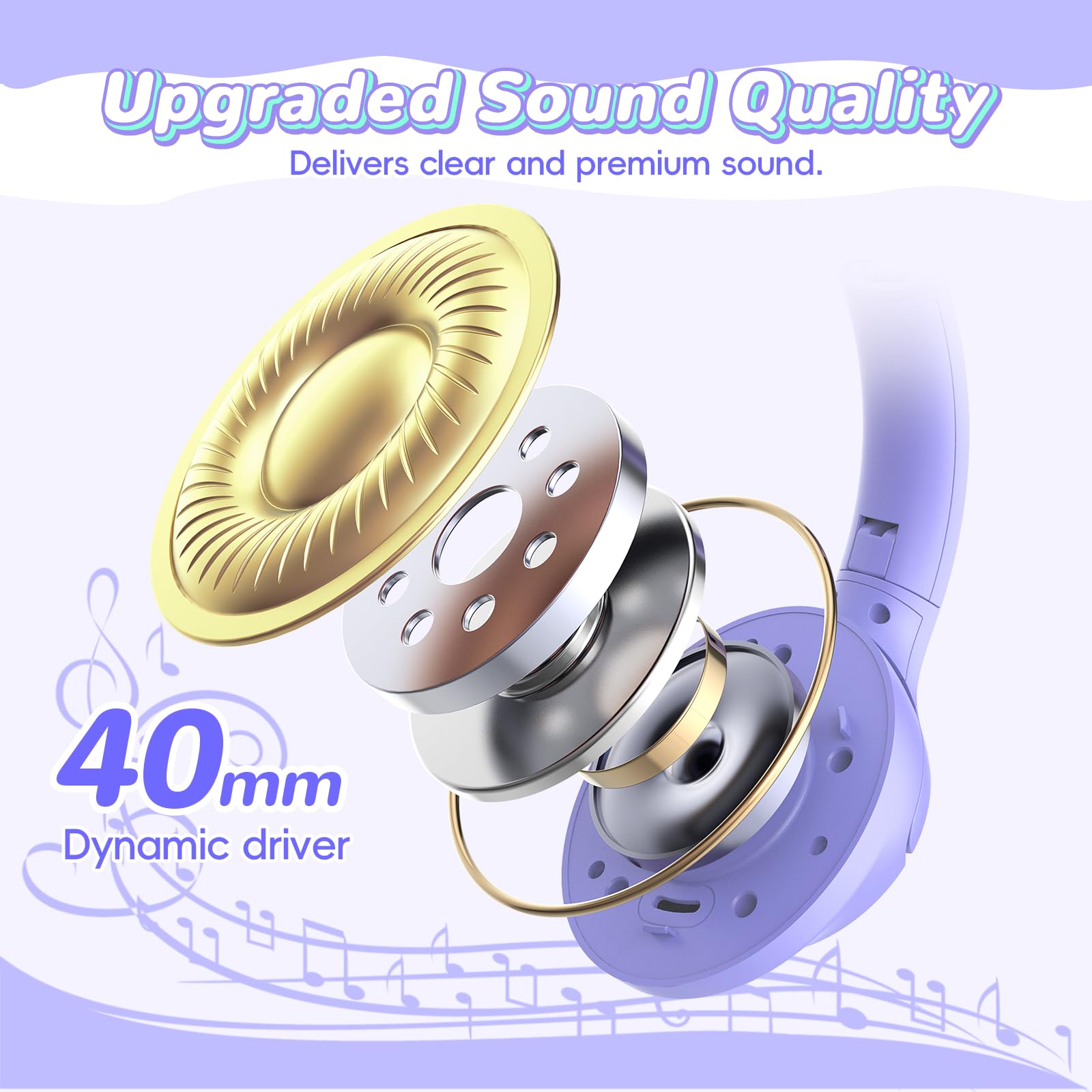 Botesty Sound Cuffie Bluetooth per bambini, leggere, senza fili, per bambini, volume limitato 85/94 dB, Bluetooth 5.4, cuffie over-ear per bambini con microfono integrato, viola