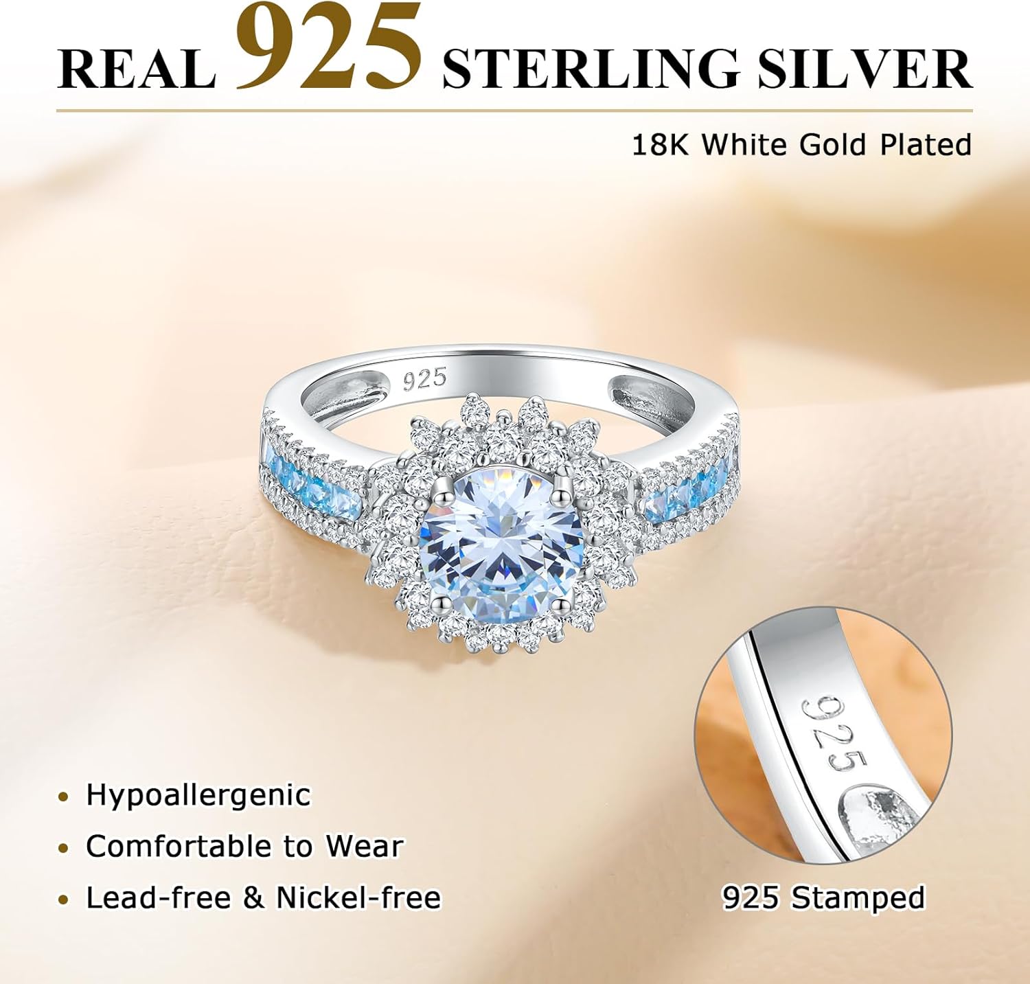 Vintage Style Engagement Ring White Gold Plated Sterling Silver White Sapphire Inlaid Big Cocktail Rings Emerald/Ruby/Aquamarine/Sapphire Ring Gift for Bride Wife Lover, Send Gift Box - Image 5