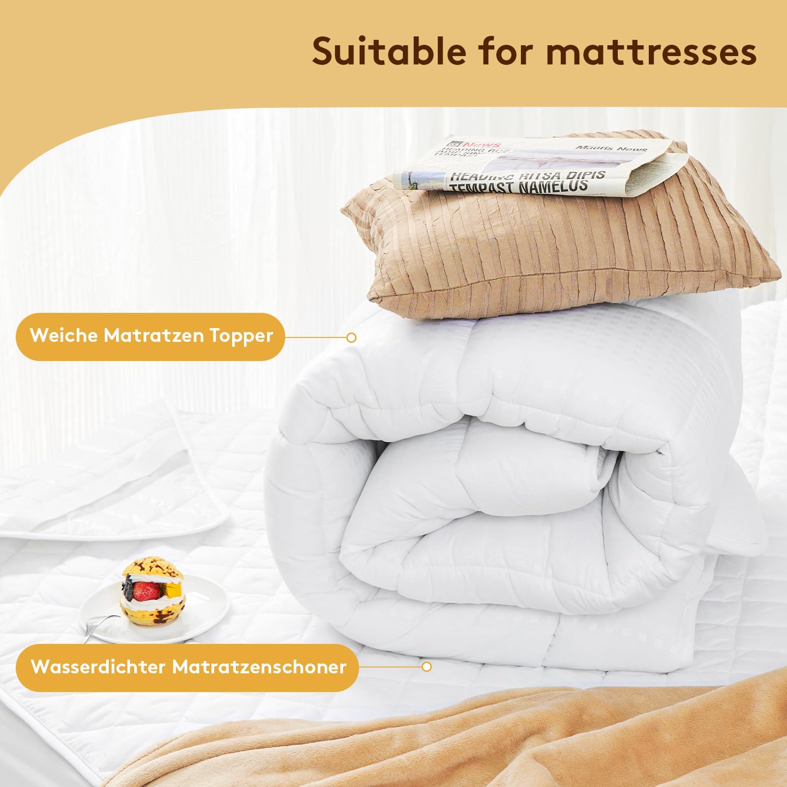 Autsel 3D Topper Matrimoniale 140 x 190cm Extra-Morbido Topper Materasso Trapuntato Antiallergico Coprimaterasso (Bianco)