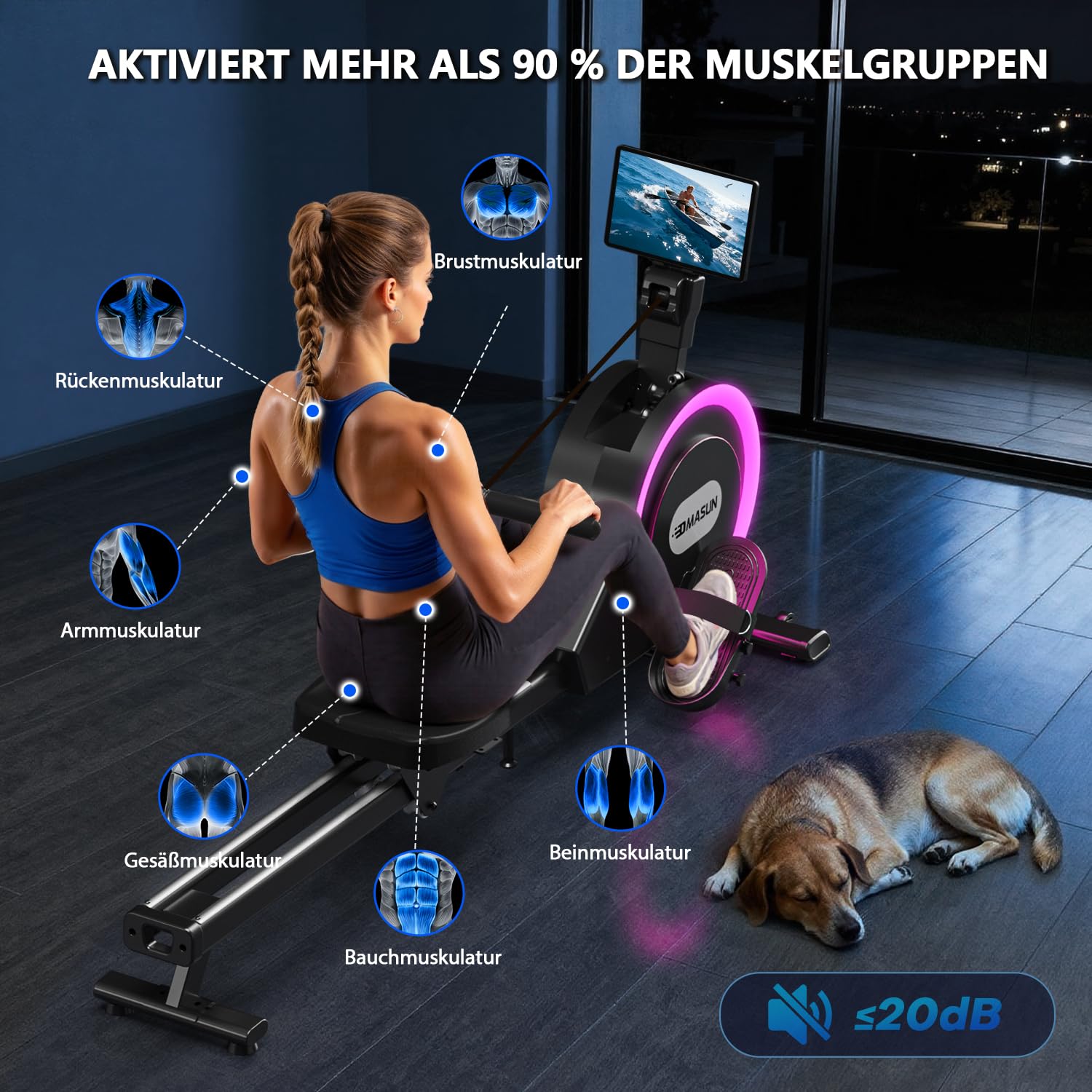 DMASUN Rudergerät für Zuhause, Magnetisches Rudergerät mit Upgrade Doppel-Slide-Rails, APP-Verbindung, 32 Widerstandsstufen, LCD-Datenanzeige, ideal für Cardio-Training, Belastbar bis 160kg