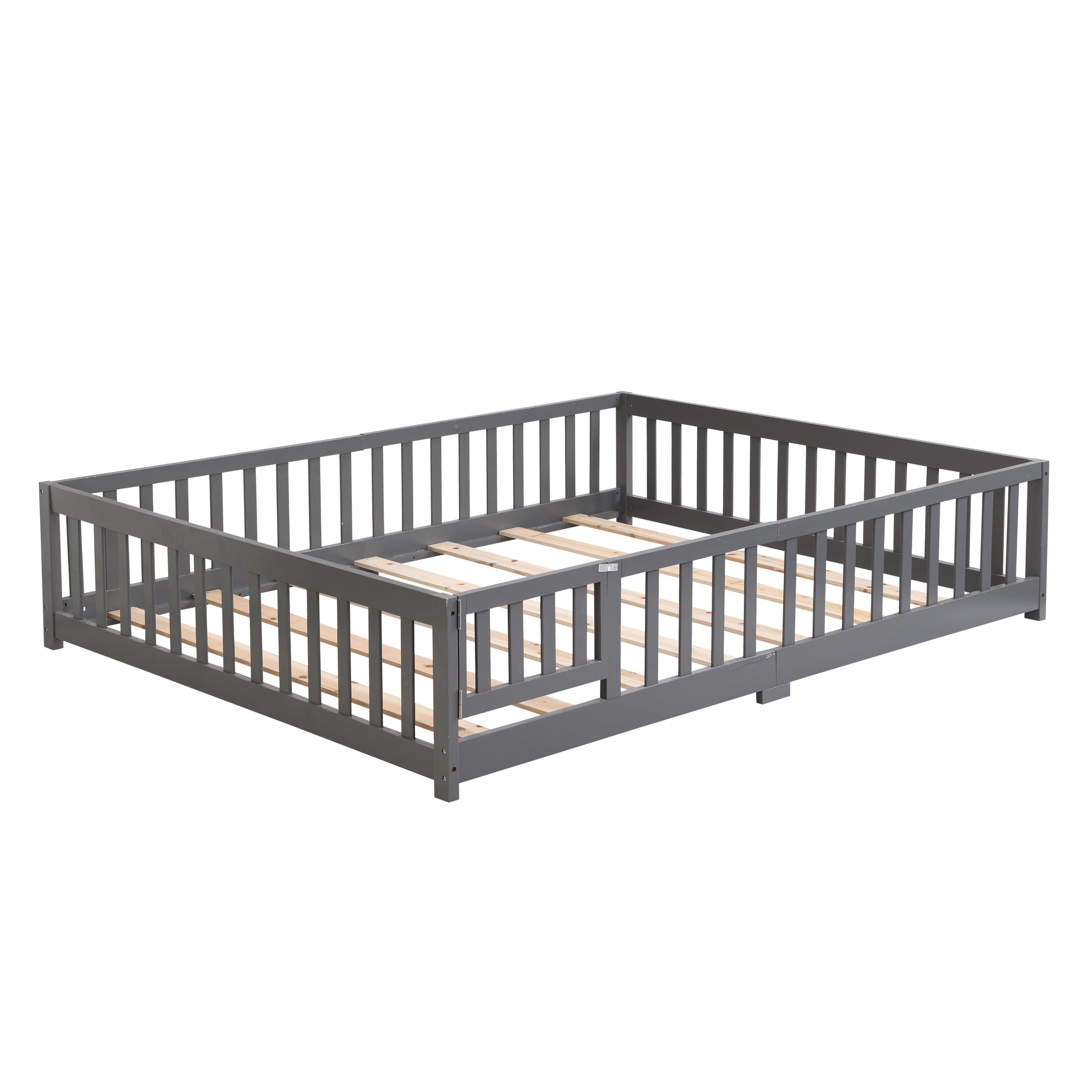 KEIKI Full Size Floor Bed with Fence,Solid Wood Platform Bed Frame, Montessori Floor Bed with Slats and Safety Guardrails