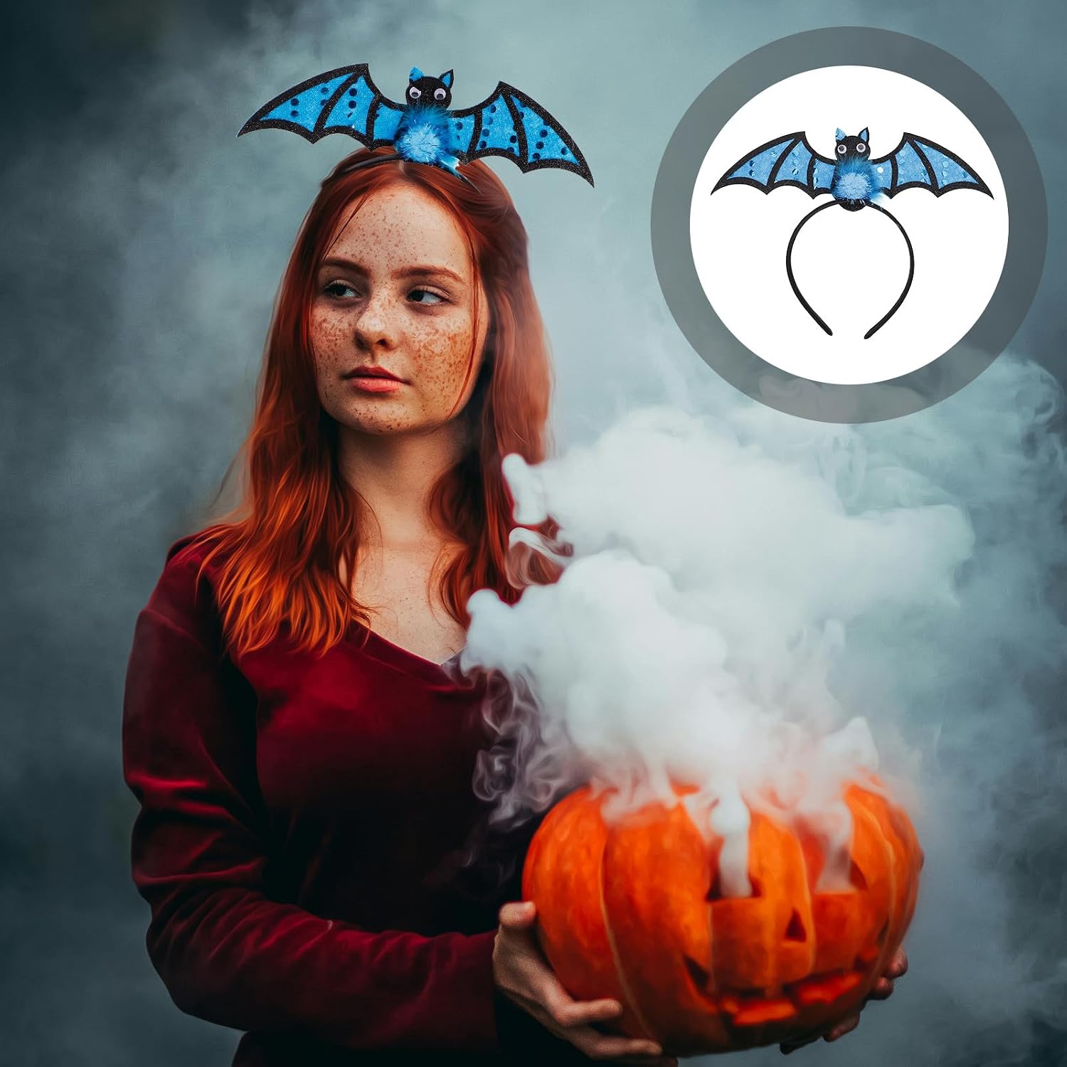 OSALADI Halloween Bat Hairband for Adults, Blue Polka Dot Bat Wing Headband with Solid Color Pom Pom, Halloween Party and Costume Hair Accessories