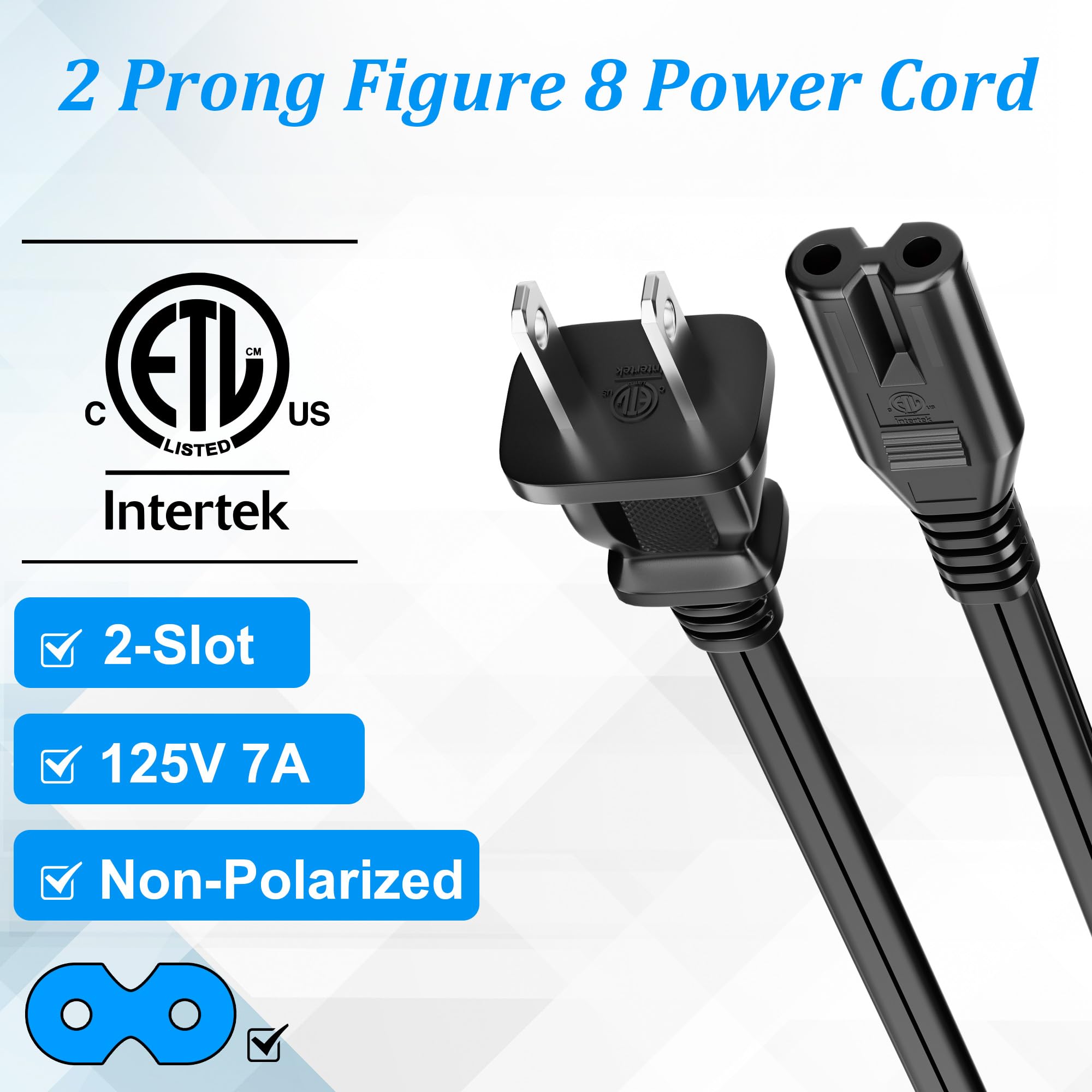 Cable de alimentación de 2 pies (paquete de 2), cable de alimentación de CA, 18 AWG, 7 A, 125 V, cable de alimentación de 2 clavijas de repuesto, para PS4, PS5, Playstation, altavoz, monitor