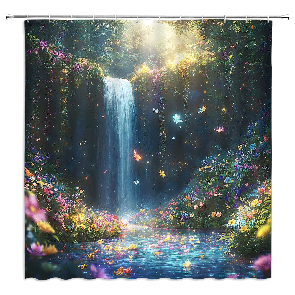 Fantasy Forest Waterfall Shower Curtain Fairy Tale Lake Butterfly Mountain Wonderland Leaves Nature Plant Spring Summer Landscape Bathroom Decor