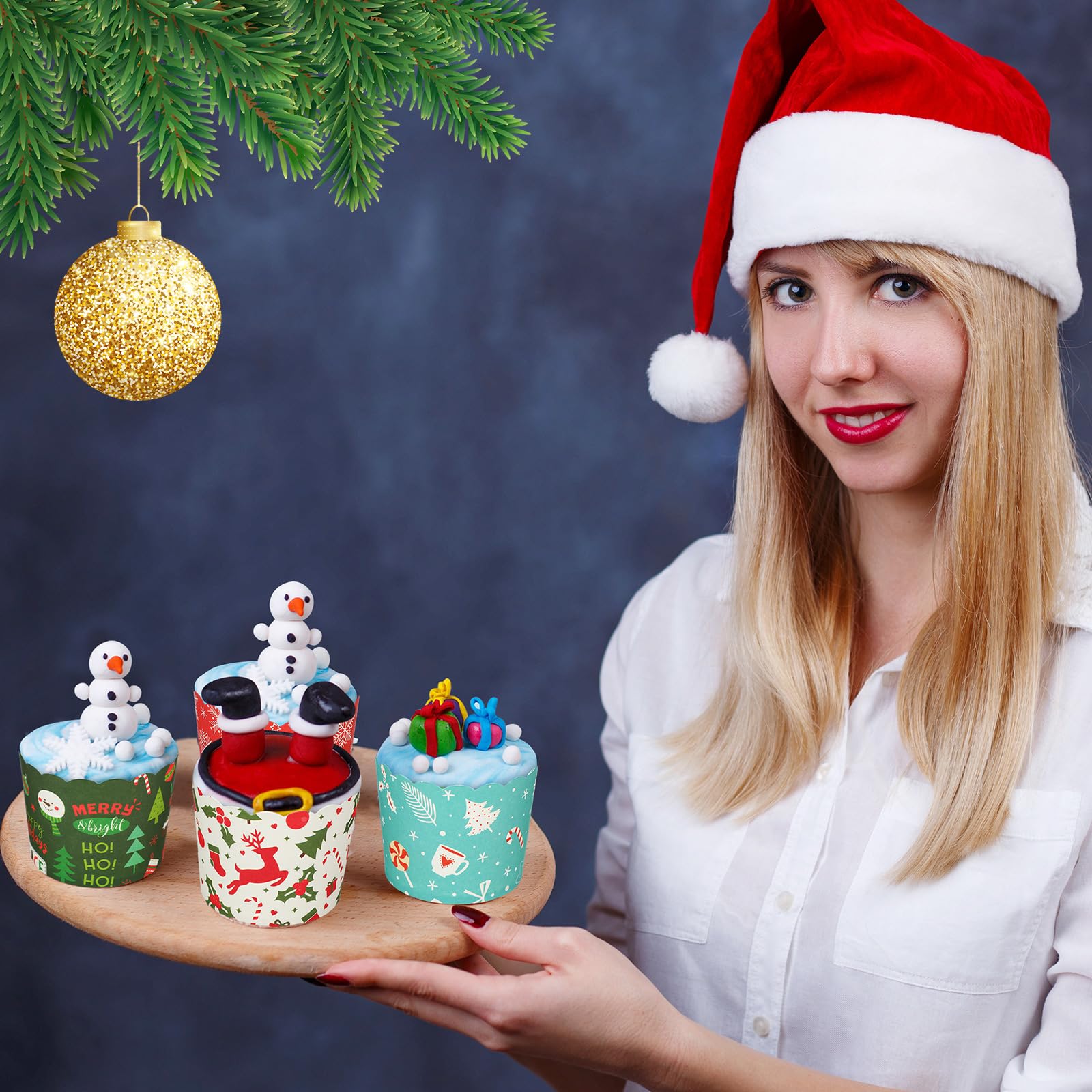 Uiifan 200 tazas de papel para hornear magdalenas de 6 onzas, tazas de papel para hornear a prueba de grasa, vasos de papel para magdalenas de Navidad, 4 estilos, taza de papel para hornear de