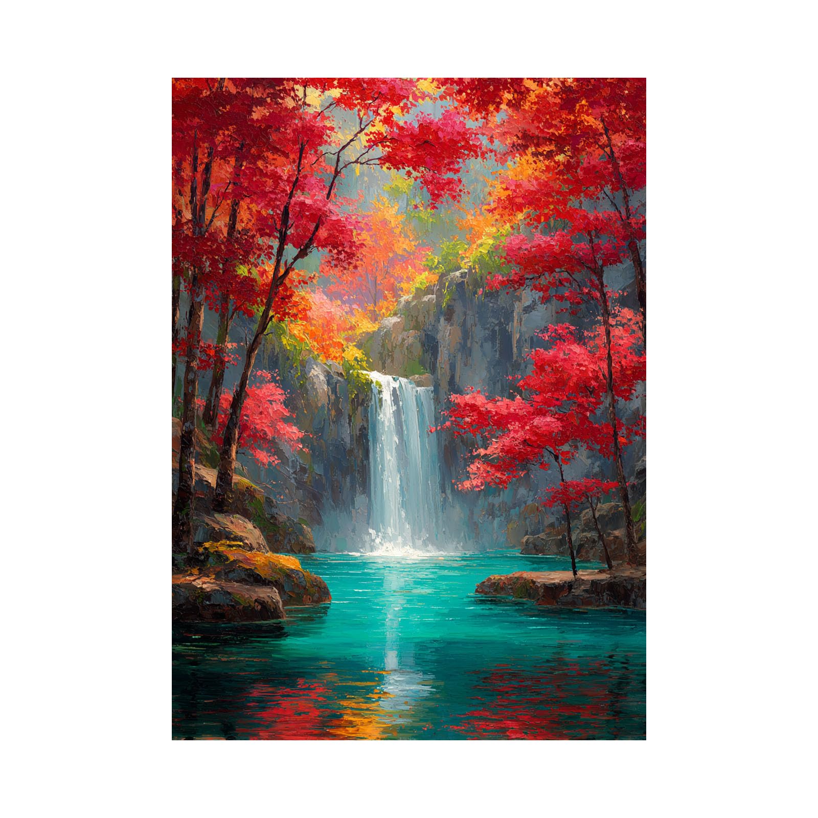 Teruea Red Flowers Wall Art Crimson Tree, Cascading Waterfall & Turquoise Lake Pool (Red)-20X30cm1 Unframed