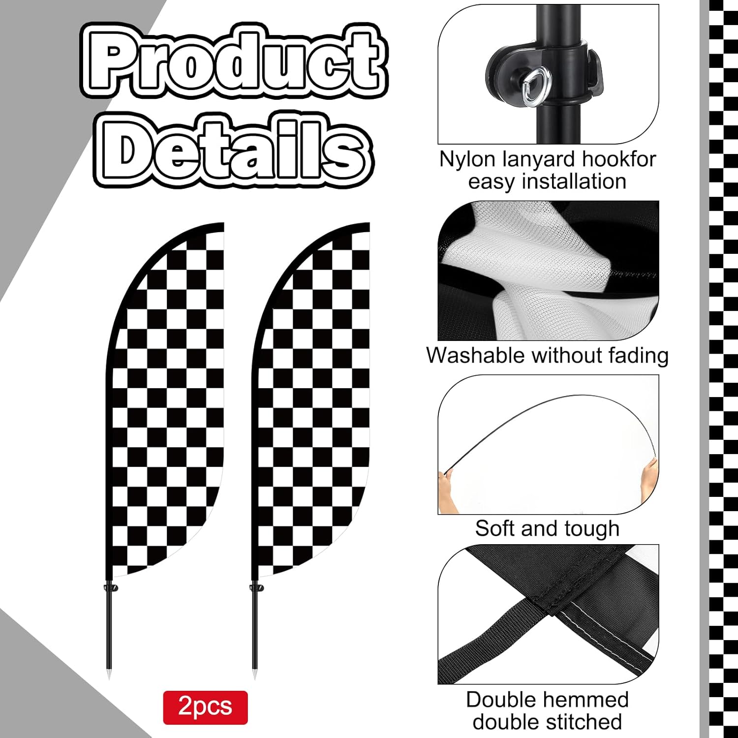 2 Sets 7 ft Checkered Flags Banner Black and White Swooper Flag with Pole Kit Race Car Theme Party Decoration Windless Checkered Feather for Racing Birthday Party Supplies - Image 3