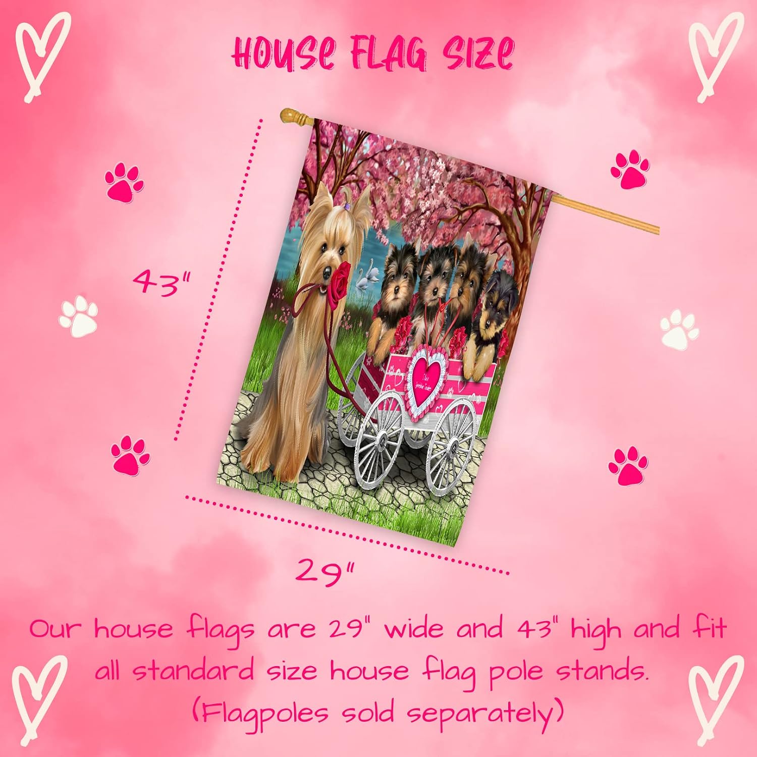 I Love Yorkshire Terrier Dogs in a Cart House Flag - Outdoor Double Sided Pet Portrait Weather Resistant Premium Quality Home Decorative Flags - 100% Polyester 29"w x 43"h