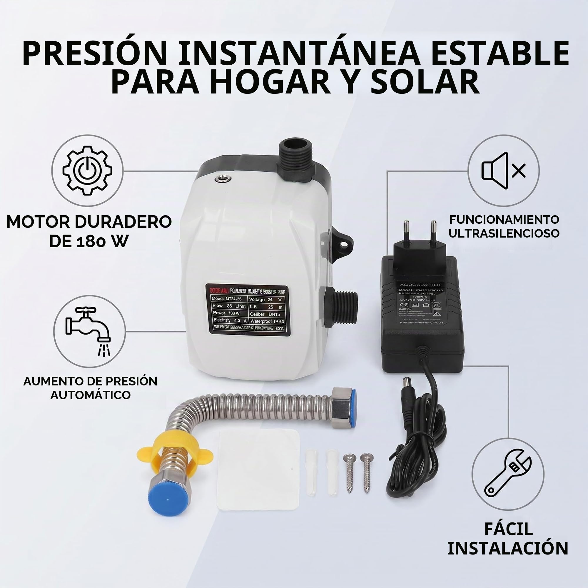 Bomba de Refuerzo Bomba de Refuerzo de Presión de Agua Elevación Alta 180 W DN15 Bajo Nivel de Ruido Arranque Inteligente Parada Protección de Baja Presión para Cocina Fregadero
