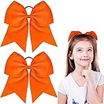 2 Packs Jumbo Cheerleading Bow 8 Inch Large Cheer Hair Bows with Ponytail Holder for Teen Girls Softball Outfit Uniform(Orange)
