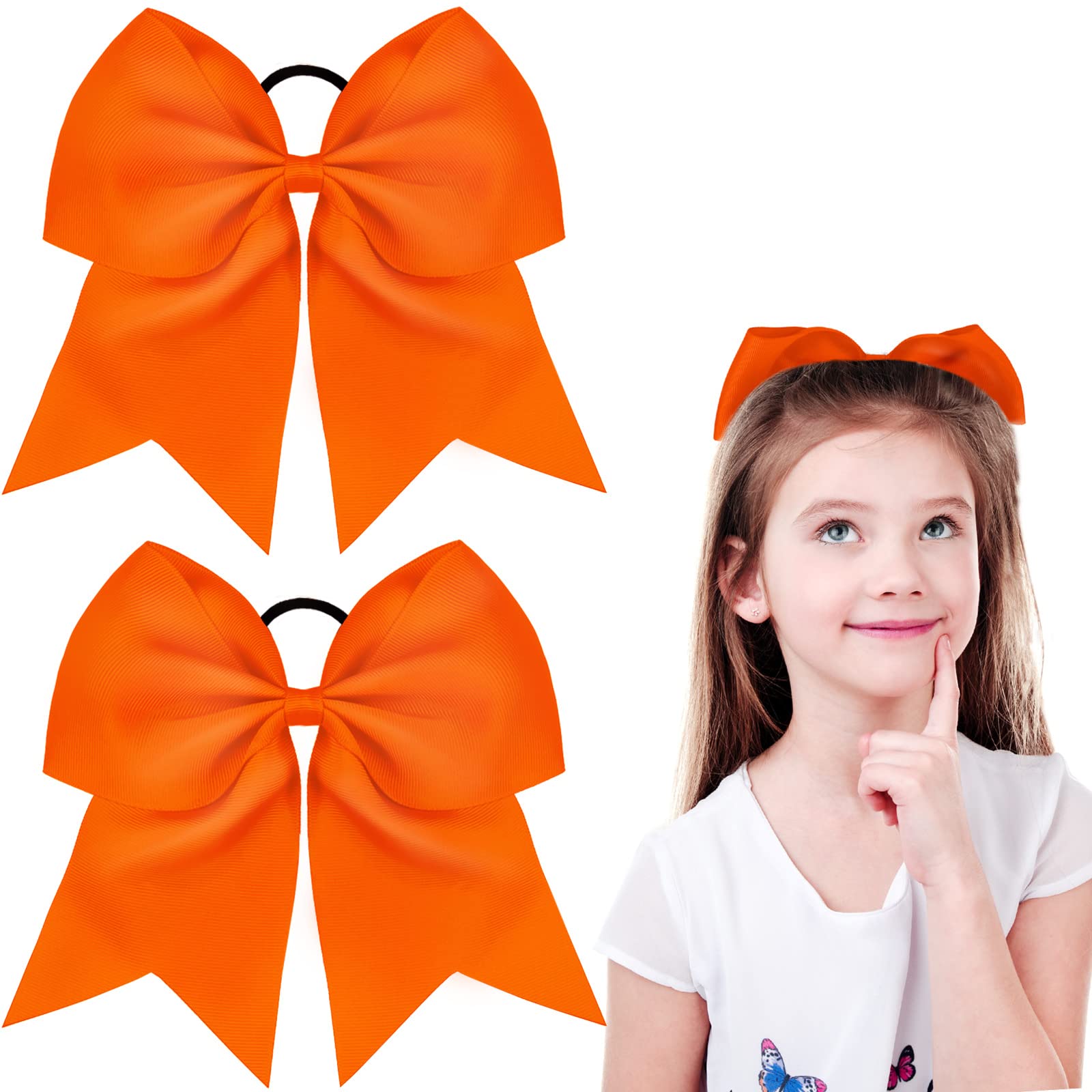2 Packs Jumbo Cheerleading Bow 8 Inch Large Cheer Hair Bows with Ponytail Holder for Teen Girls Softball Outfit Uniform(Orange)