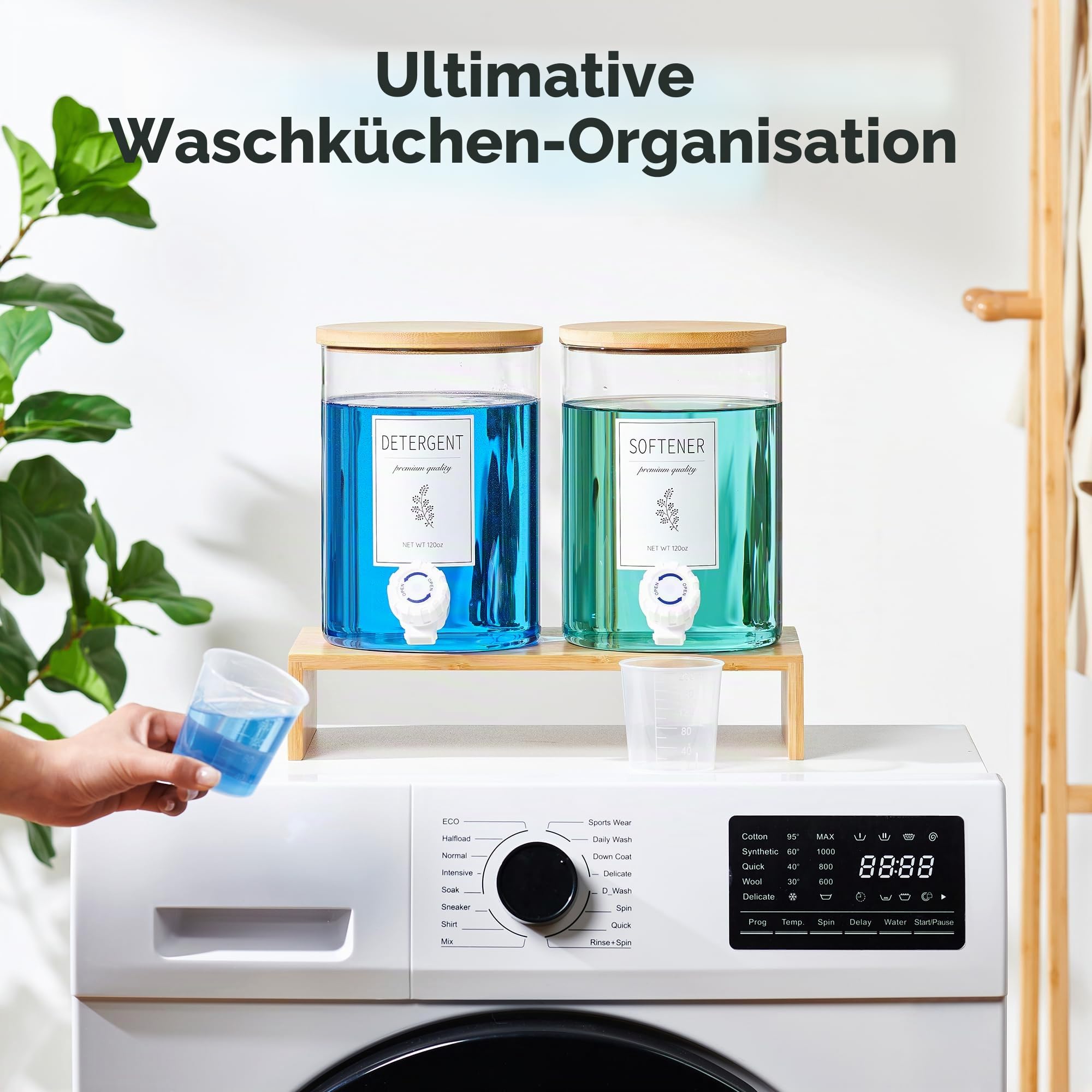 Glas-Waschmittelspender 3,5L (120oz) mit Abstellfläche & Bambusdeckel, für Flüssigwaschmittel & Weichspüler, Waschküchen Organizer inkl. 2 Bechern + 8 Etiketten