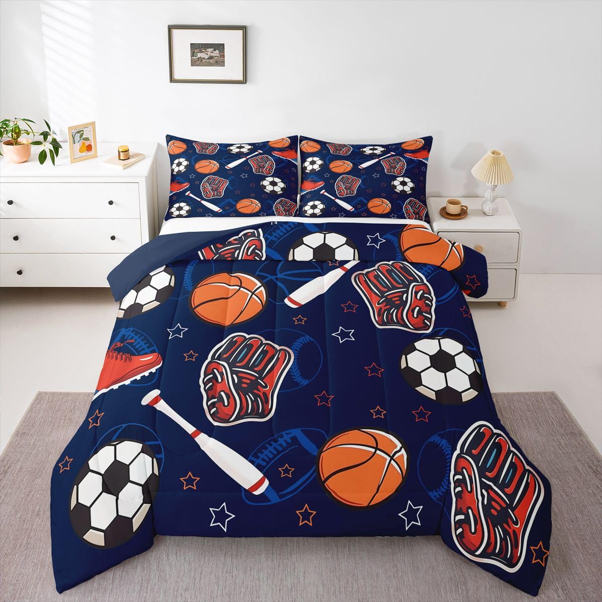 Castle Fairy Boys Sports Games Full Size Comforter Set,Basketball Football Baseball Reversible Bedding Set Bedroom Collection,Rugby Stars Shoes Dark Blue Soft Quilted Duvet for Girls Teens