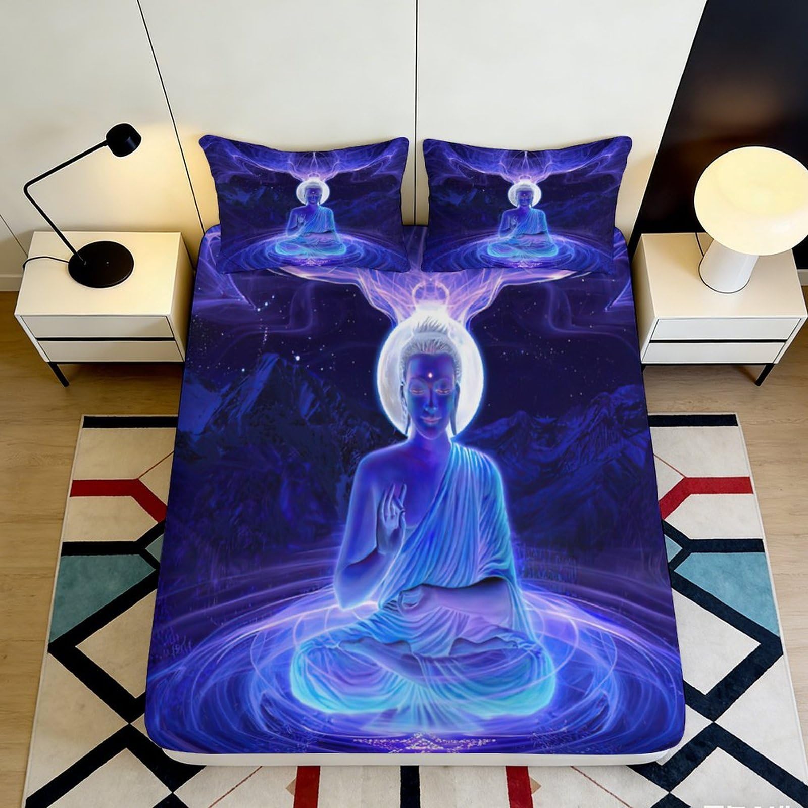 3D Printed Meditation Energy Fitted Sheet Microfiber Deep Pocket Bedroom Bedding Meditation Pattern Mattress Fitted Cover Full Wrap 200x200x25cm