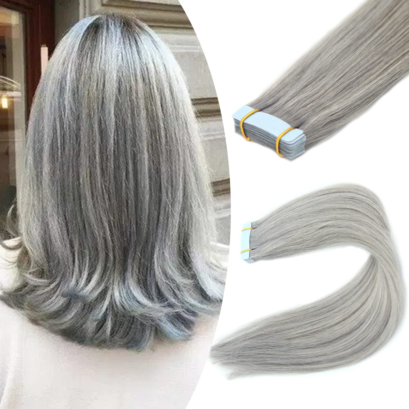Fenicy Gray Hair Extensions Tape in Human Hair Real Hair Silver Gray Seamless Skin Wefts Tape-on Remy Hair Extensions Light Grey Invisible Double