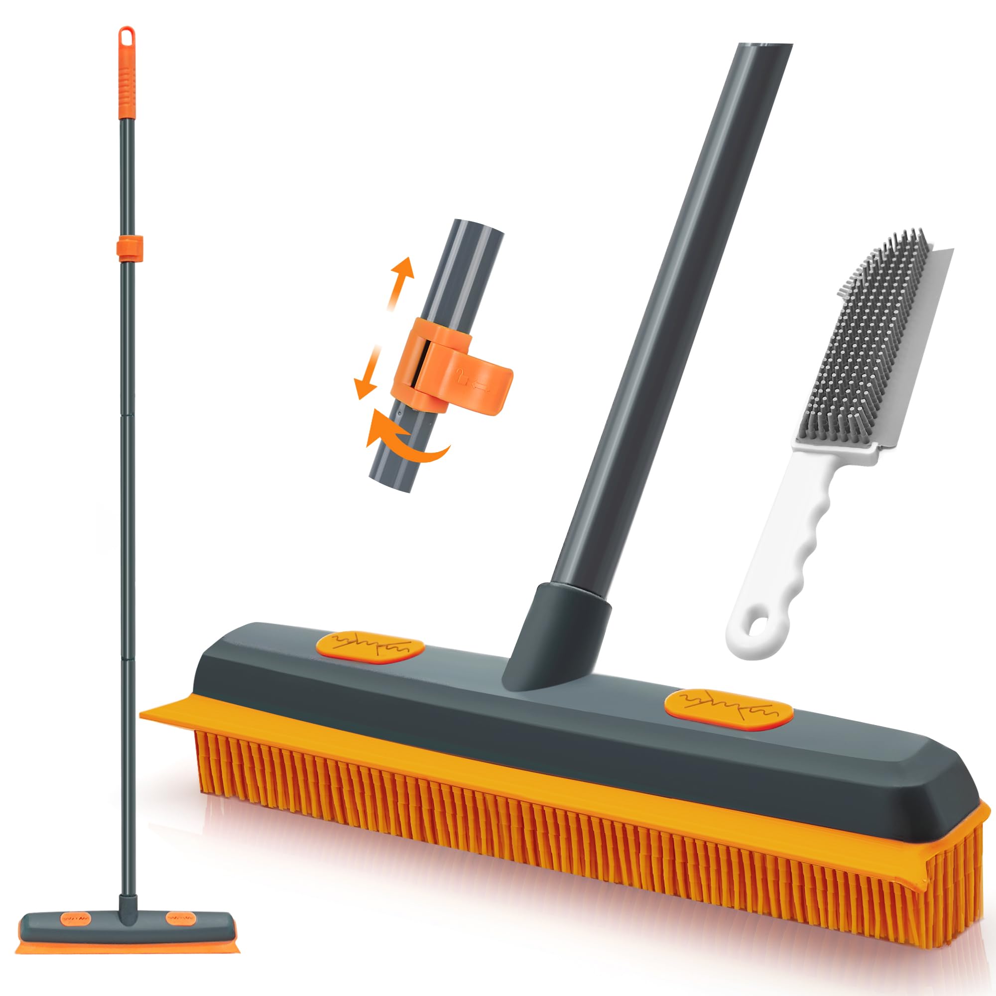TidyBliss Rubber Broom with Silicone Squeegee, 57.5 inches Carpet Rake Pet Hair Removal Brush, Fur Remover Tool with Detailing Lint Comb for Cleaning Rug, Tile, Hardwood Floor (Gray Orange)