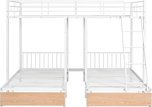 Miniatura 113 de Litera triple de madera maciza con cajones de almacenamiento y escalera, base de litera resistente con barandillas de protección para niños y