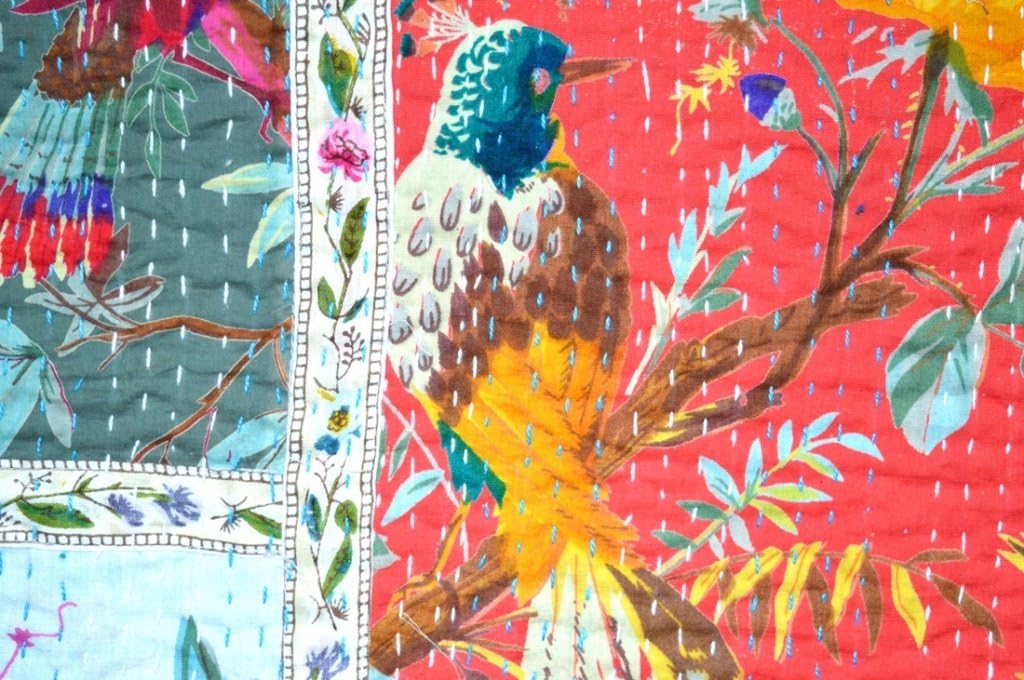Bird Print Patchwork Cotton Kantha Quilt Throw Blanket Bedspread Gudari (Twin Size) - Image 2