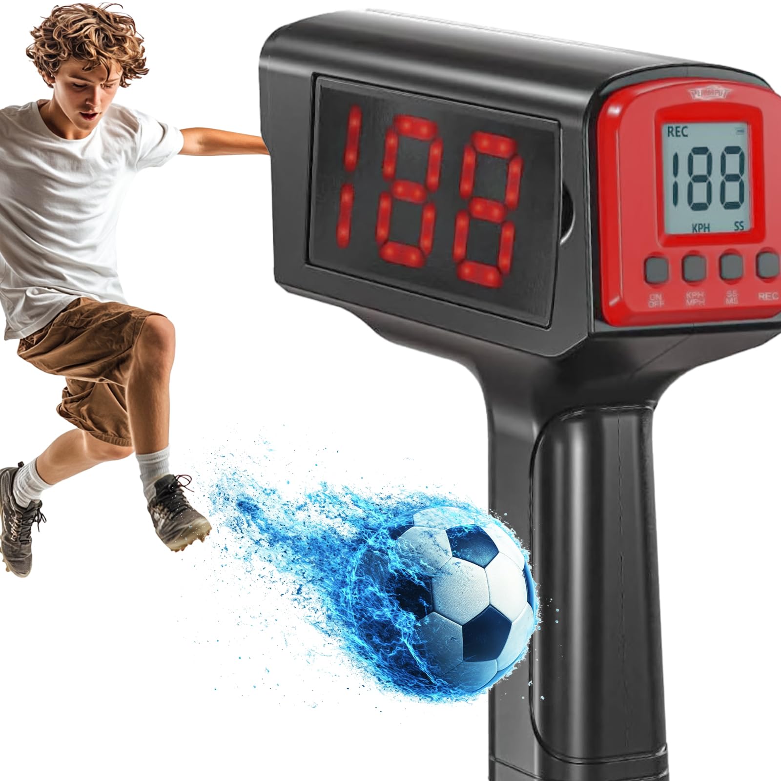 Playaput Speed Ball Radar – Geschwindigkeitsmesser für Bälle 5–199 km/h – Fußball, Tennis, Baseball – Handheld & Stativ – LED & LCD Anzeige