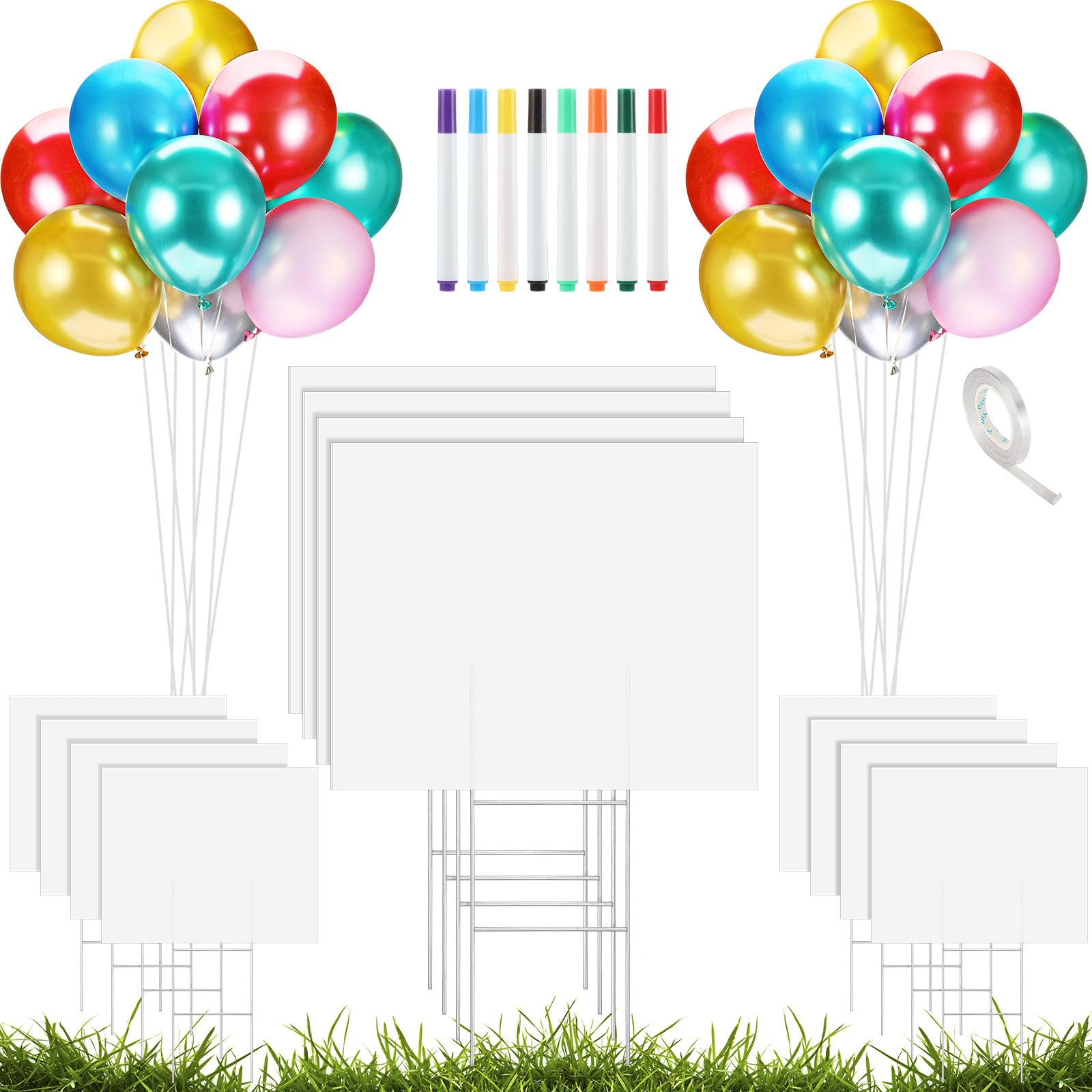 12 Pack Blank Yard Signs with Stakes 17" x 13" Yard Sale Sign Double Size Garden Yard Sign DIY Door Signs with Markers and Balloons for Party Decorations Garage Open House(White)