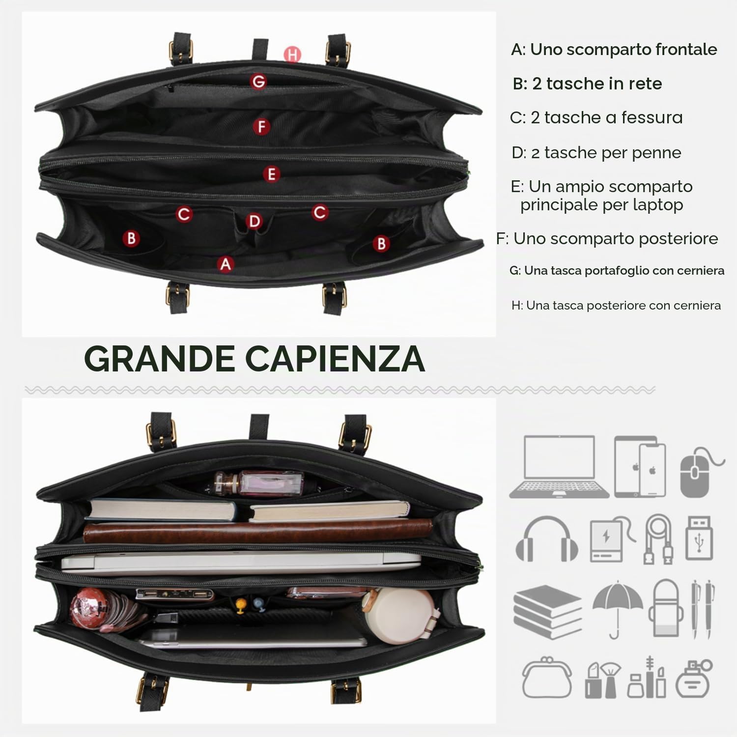 IGOLUMON Grande Borsa Lavoro Donna Porta PC 15.6 Pollici per PC Computer Impermeabile Università Scuola Tote a Tracolla Shopper in Pelle PU per Business Nero