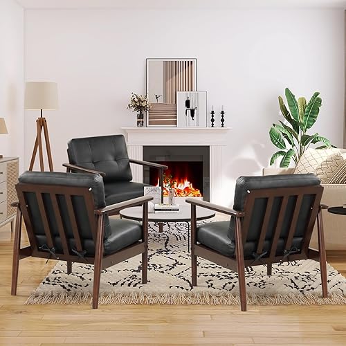 Miniatura 2 de STHOUYN Silla moderna de mediados de siglo, juego de 2 sillas de cuero sintético con brazos de madera, sillas de sala de estar, sillón de lectura