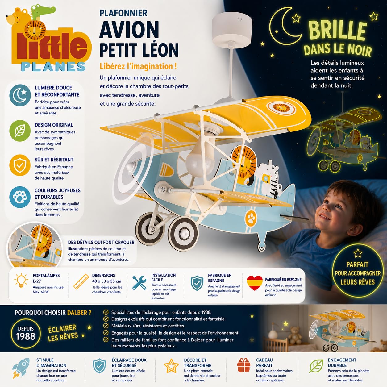 Dalber Lampe Suspension Enfant Avion Lion Bleu Animaux E27 15W