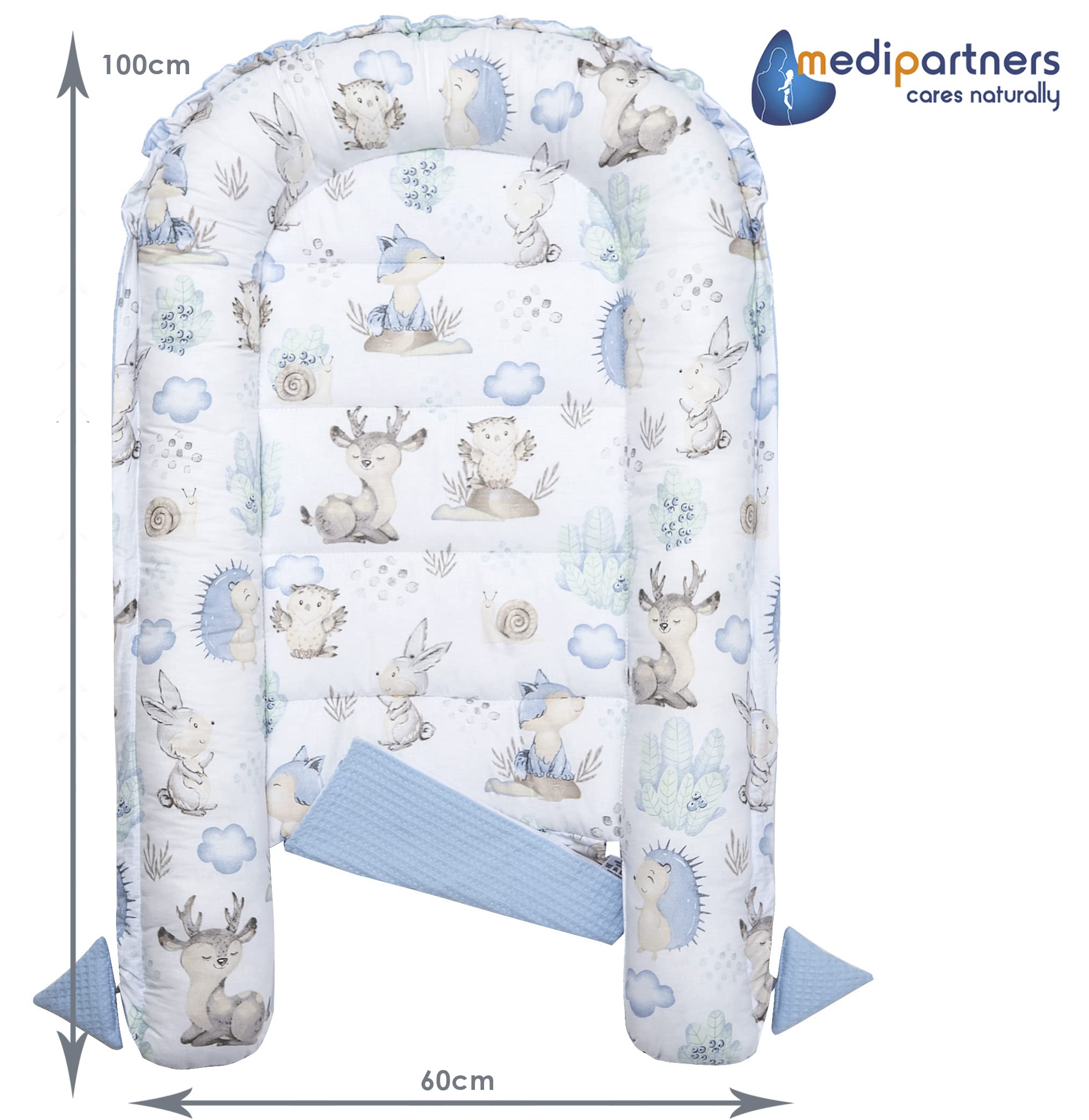 Medi Partners Nido per Neonato 100x60x15cm Baby Nest 100% Cotone Waffle Lettino da viaggio per bambini Multifunzionale Chiusura sicura (Cervo e riccio con azzurro Waffle)