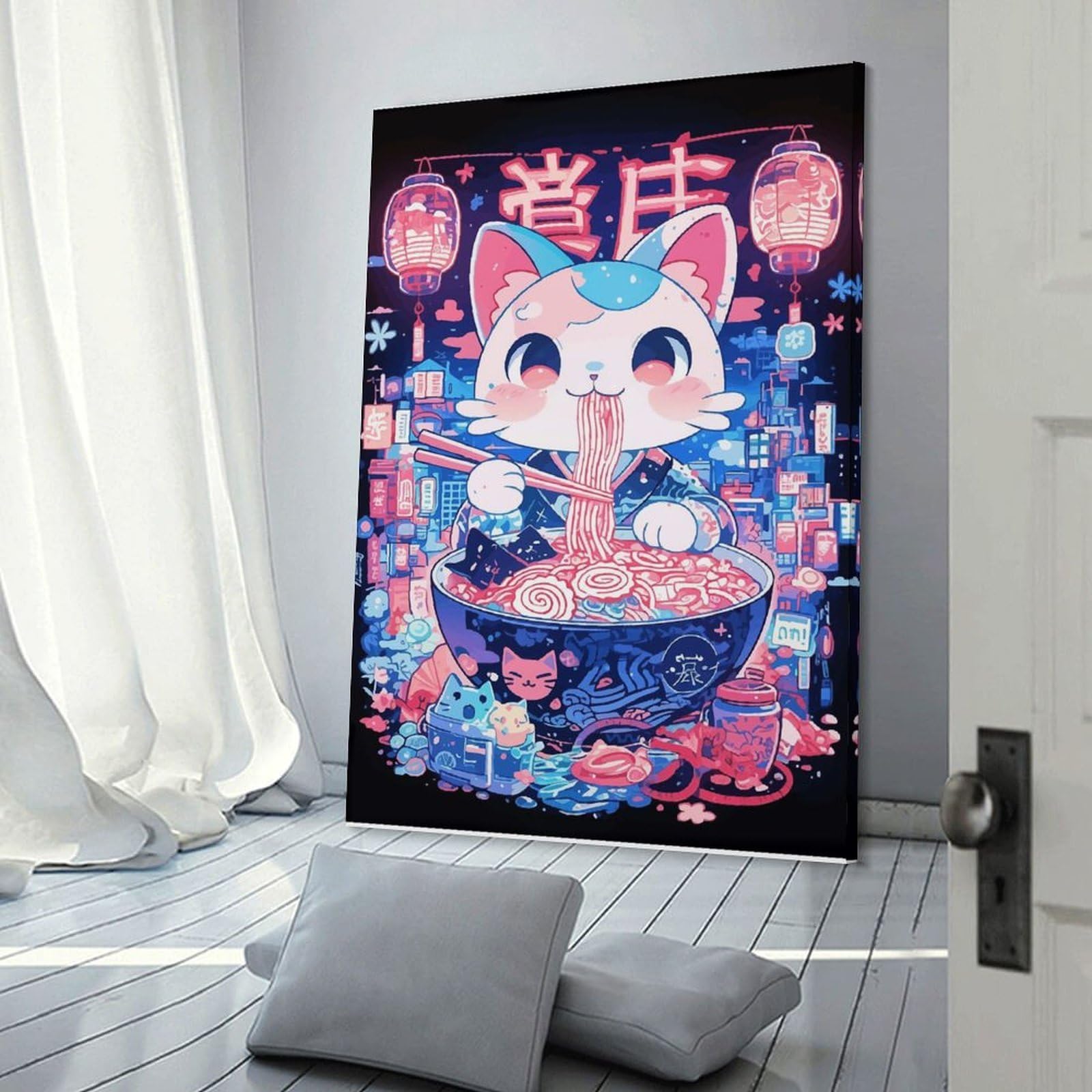 Junmoney Frame-Style Decorative Wall Artwork Japanese Cat Eating Noodles, 16X24inch(40X60cm), For New Homes, Bedrooms Or Workspaces, Canvas Artwork With Gifting Potential