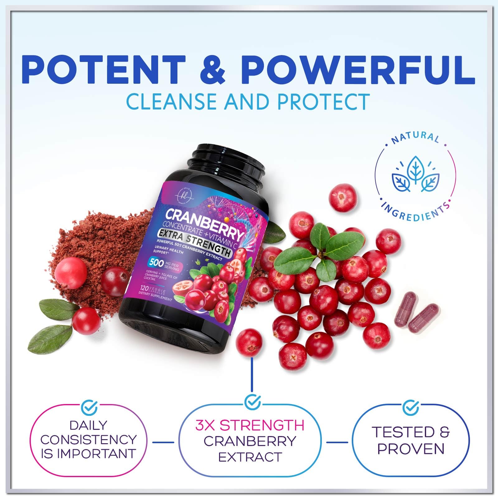 Cranberry Extract 500mg Supplement Pills - 3X Strength Concentrated Natural Whole Fruit Cranberry with Vitamin C, Triple Strength for Cleanse & Urinary Tract Health Support, Gluten Free - 120 Capsules — Amazon image 6