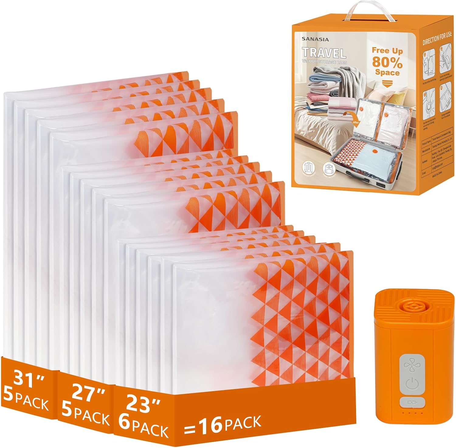 16 Pack Travel Vacuum Bags with Rechargeable Air Pump, Space Saver Compression Bags for Luggage and Suitcase, Vacuum Seal Storage Bags for Clothes & Carry-on Size