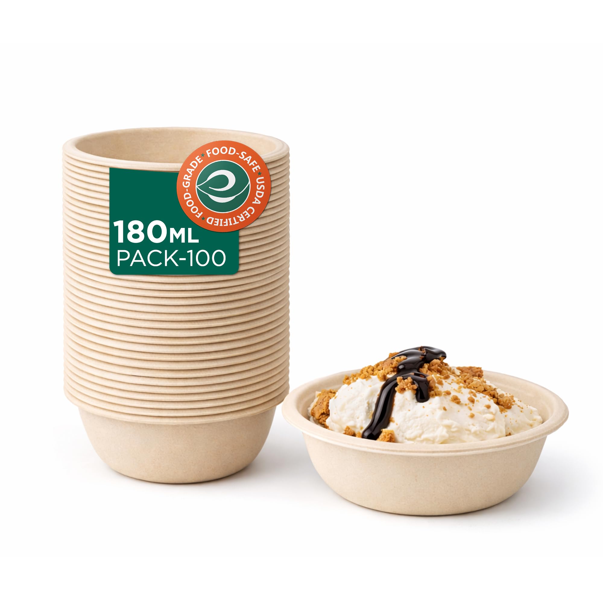 ECO SOUL Round Bagasse Disposable Bowls, 180 ml, Pack of 100, Small