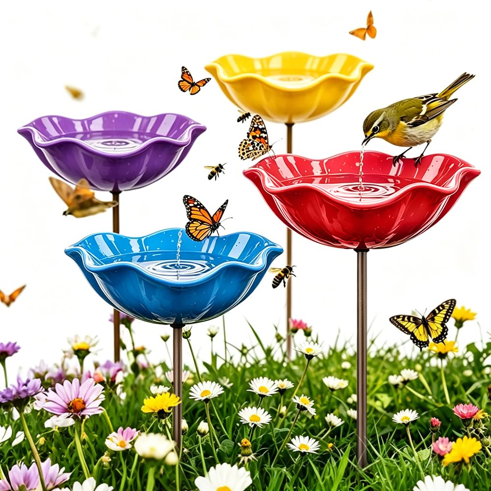 Vogeltränke Winterfest, Gartenstecker aus Metall, Vogeltränke Blume Bienentränke, Vogelfutterhaus Gartenfiguren & Gartenstatuen Gartendeko für Draußen (4 Pcs)