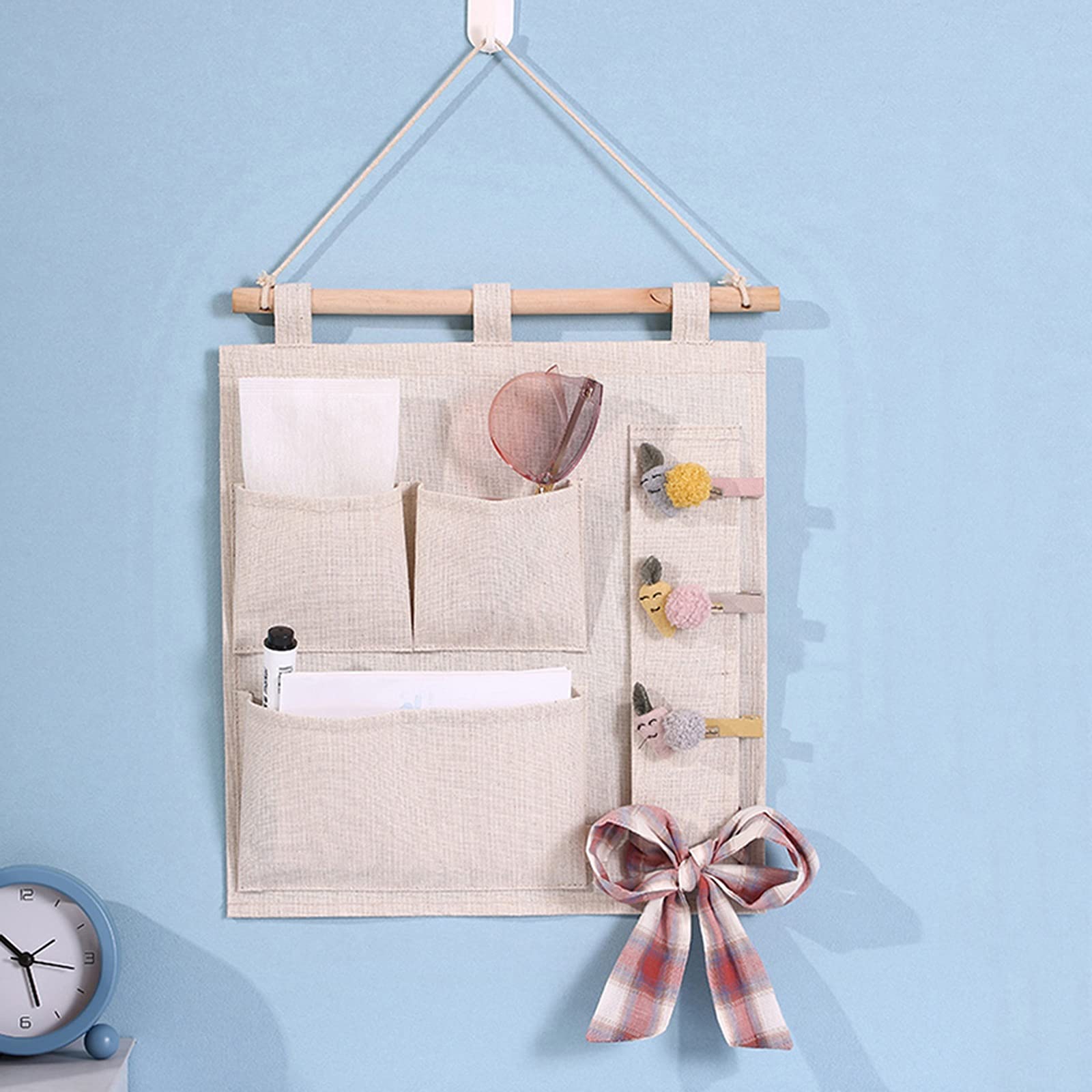 Beige Aufbewahrungstasche zur Wandmontage, Aufbewahrungstasche aus Baumwoll-Leinen-Stoff, Faltbare Aufbewahrungstasche zum Aufhängen an der Türwand mit 6 Taschen (Stil: 6 Taschen) (3 Taschen)