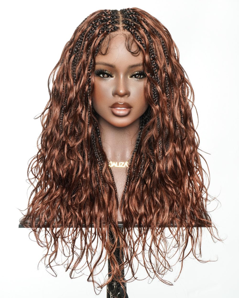 JALIZA Michelle #33 Dark Auburn Brown Glueless Knotless Boho Box Braided Wig, Pre Bleached Swiss HD Full Lace Human Hair Body Wave Curls Wig (Medium 22",22") Me
