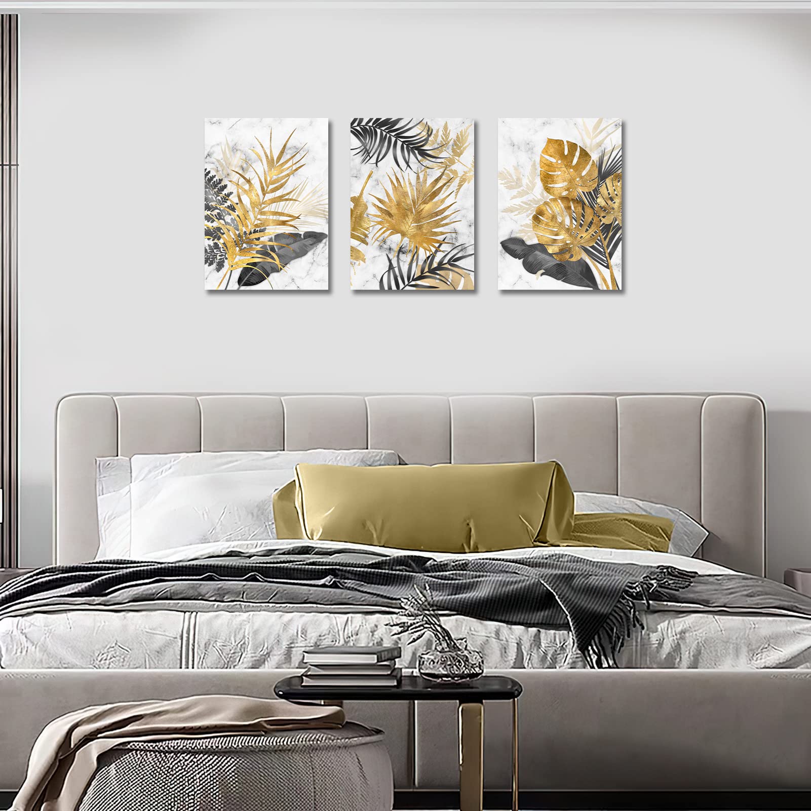 FajerminArt 3 Pieces Modern Canvas Wall Art Marble Tropical Grey Gold Leaves Pictures Printed Art Painting for Living Room Bedroom Office Ready To Hang - Image 4