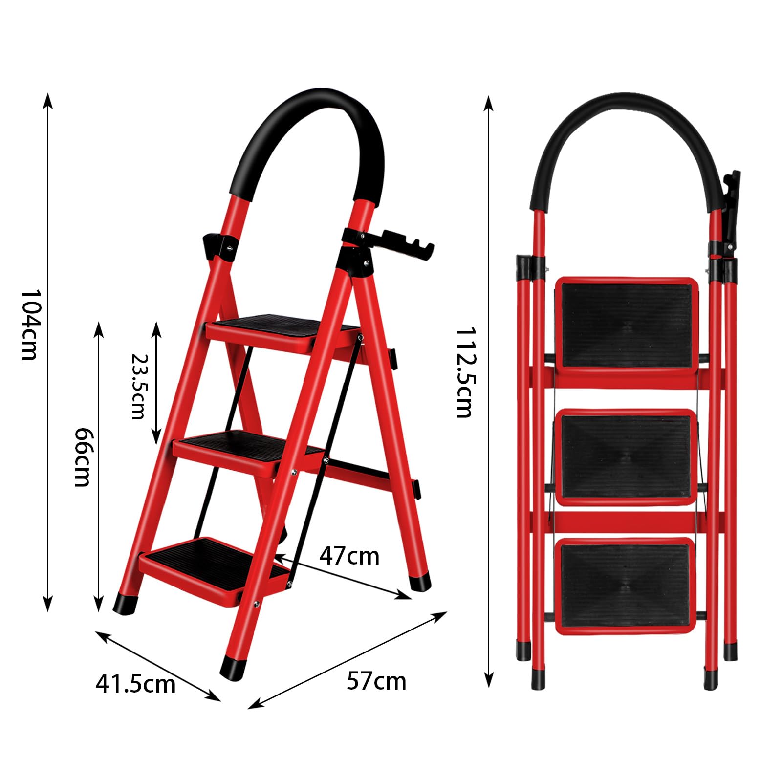 OHMG Escabeau en Acier 3 Marches Tabouret Marche Pied Pliant Echelle avec Pieds Anti Dérapant Max 150kg,Échelle Pliable avec Marches et Pieds Antidérapants,Charge 150 kg