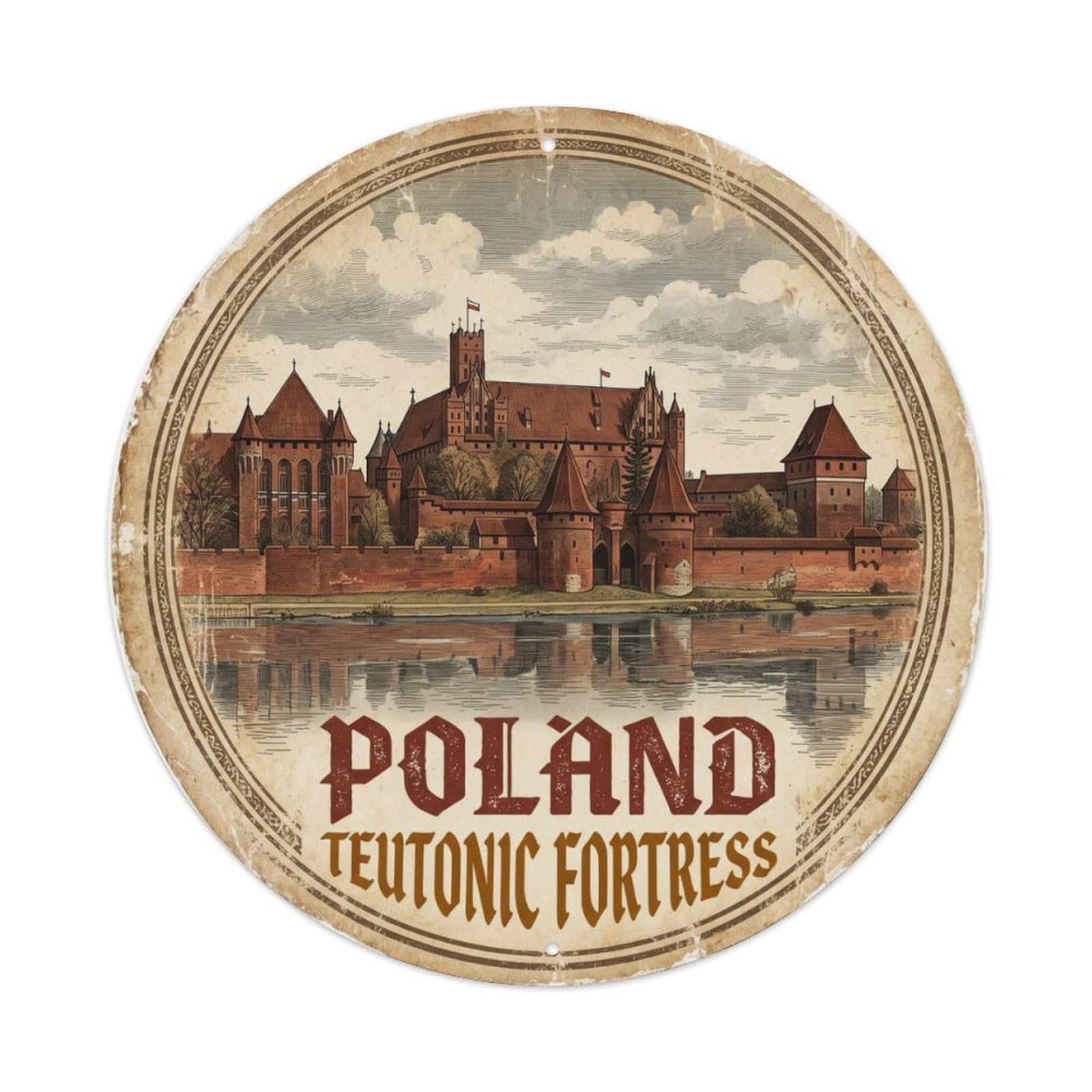Vintage Travel Malbork Teutonic Fortress Metal Tin Sign Plaque Wall Decor for Cafe, Club Bar, Office, Home Garden Round Metal Poster 8x8Inch