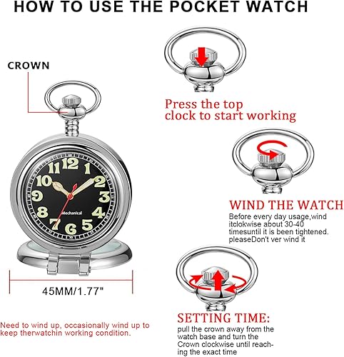 Miniatura 6 de Reloj de bolsillo mecánico de acero inoxidable para hombre, reloj de bolsillo mecánico con esfera digital romana para hombres